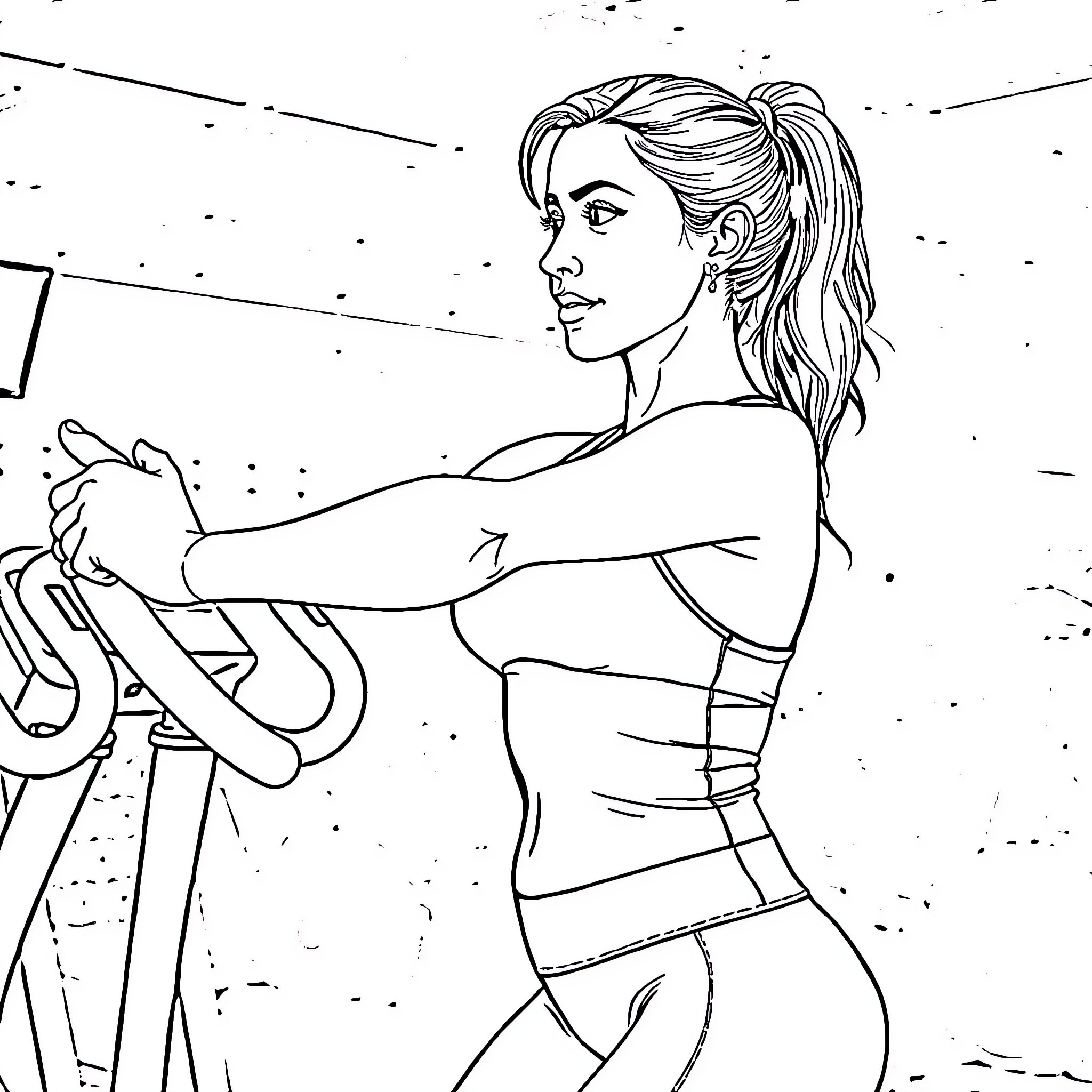 Chava exercising with determination Coloring Page (free black-and-white line drawing printable PDF for all, from beginners to advanced learners, including children, teens, adults, and seniors)