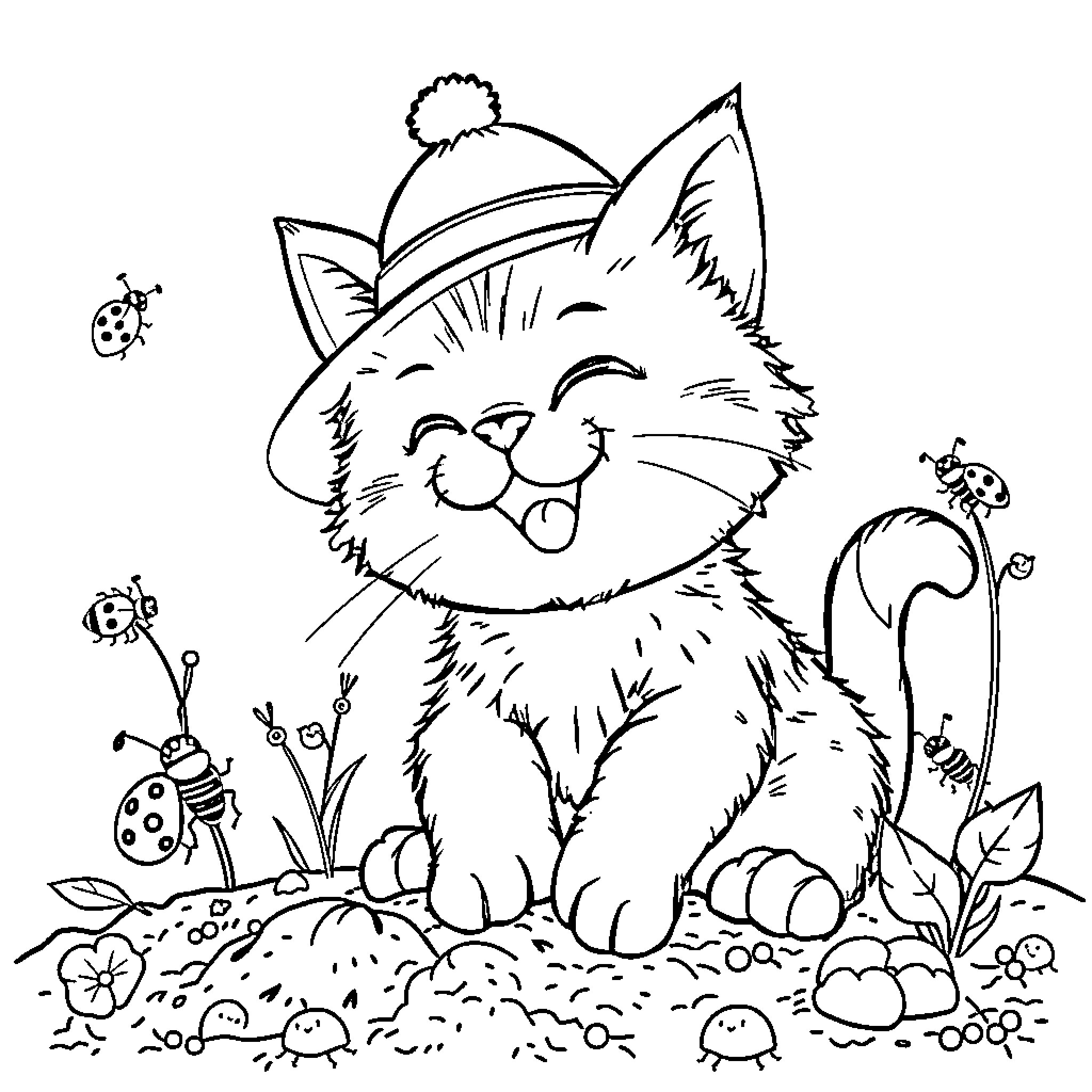 Cat enjoying nature with ladybugs Coloring Page (free black-and-white line drawing printable PDF for all, from beginners to advanced learners, including children, teens, adults, and seniors)