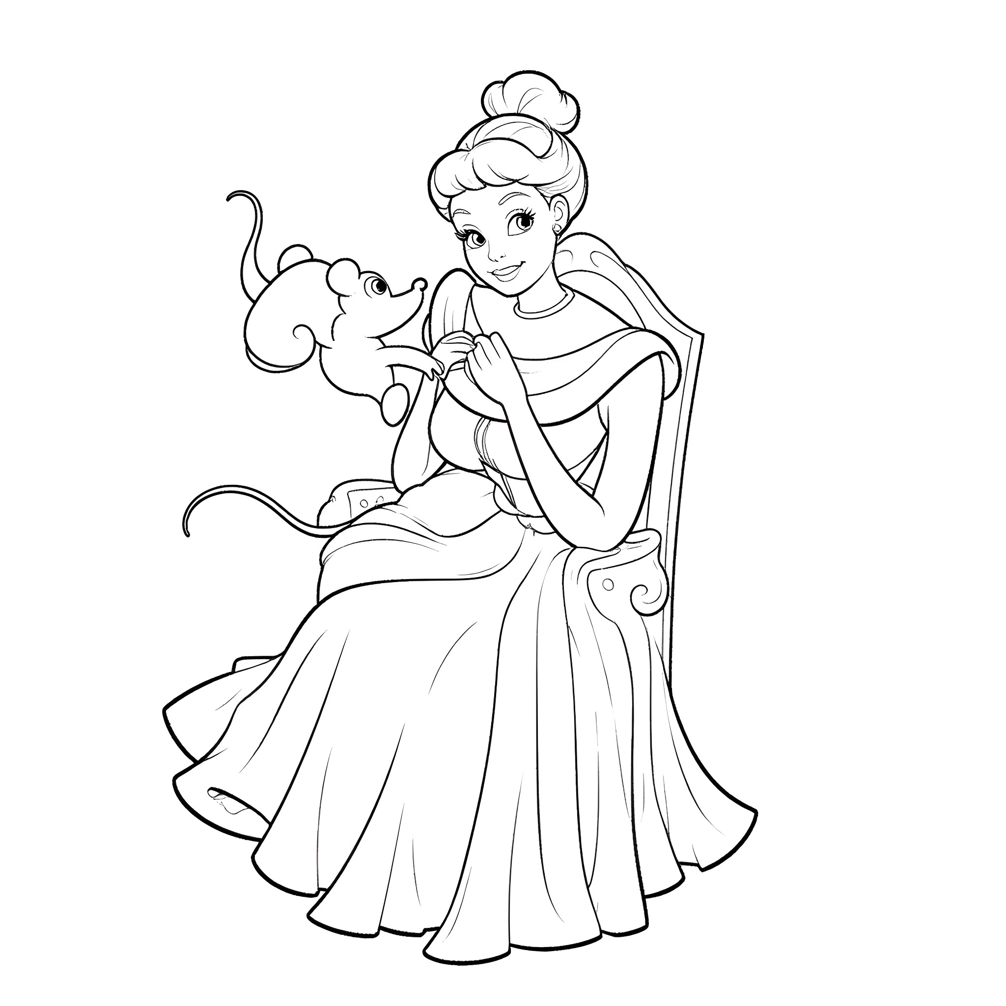 Cinderella hugging her mouse friend in a beautiful dress Coloring Page (free black-and-white line drawing printable PDF for all, from beginners to advanced learners, including children, teens, adults, and seniors)