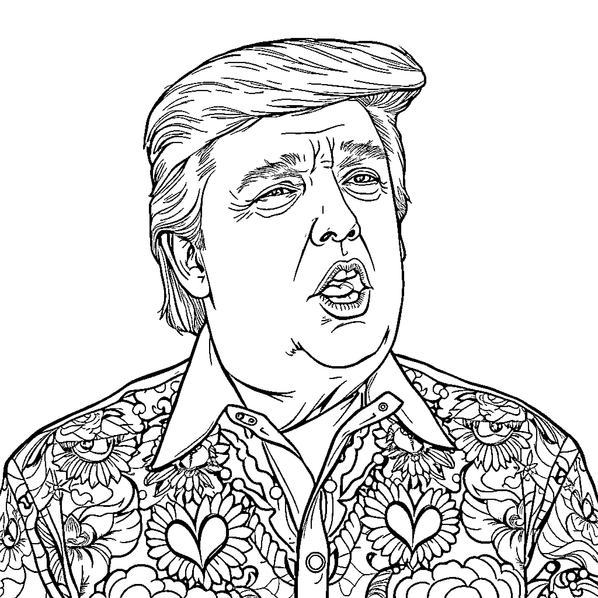 Trump in a floral pattern shirt with an expressive face Coloring Page (free black-and-white line drawing printable PDF for all, from beginners to advanced learners, including children, teens, adults, and seniors)