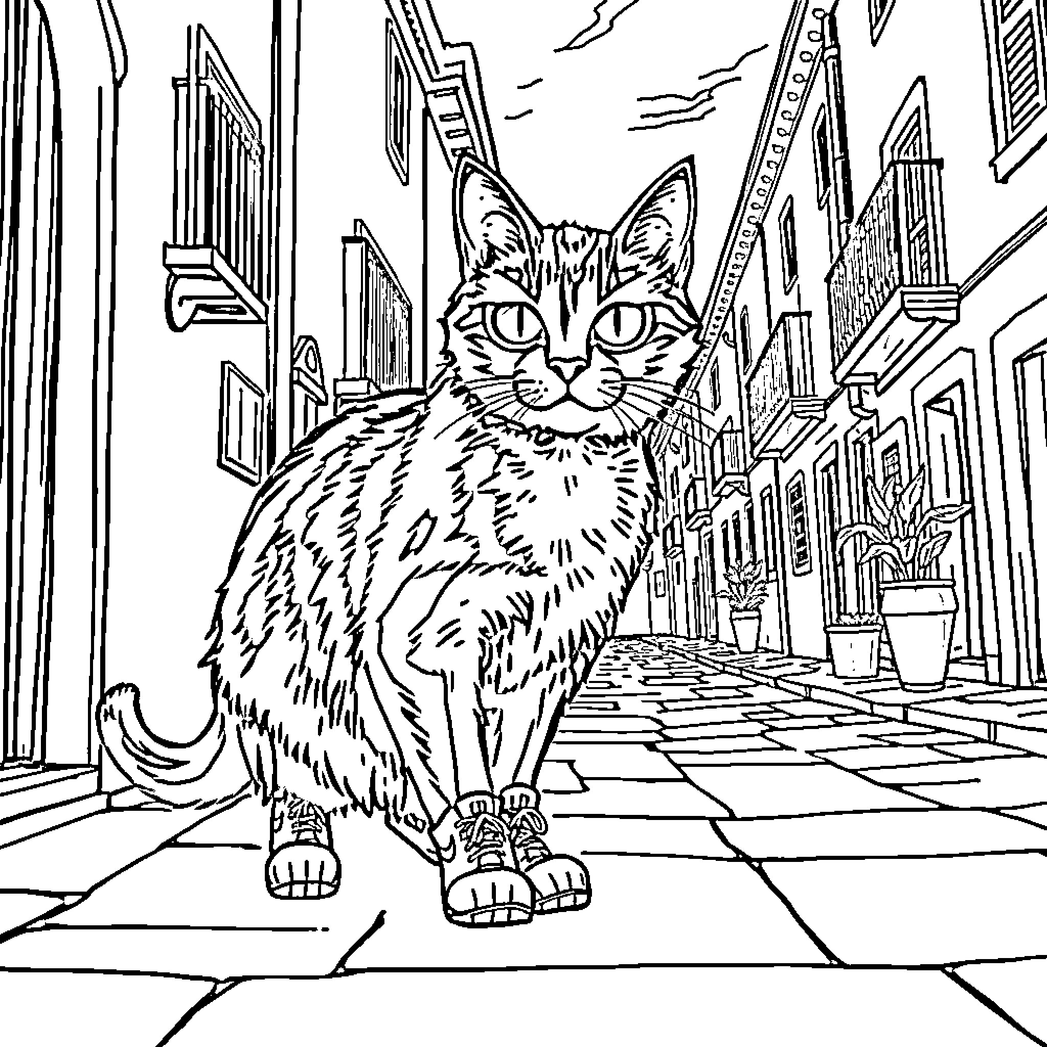 Gato exploring a quaint urban street Coloring Page (free black-and-white line drawing printable PDF for all, from beginners to advanced learners, including children, teens, adults, and seniors)