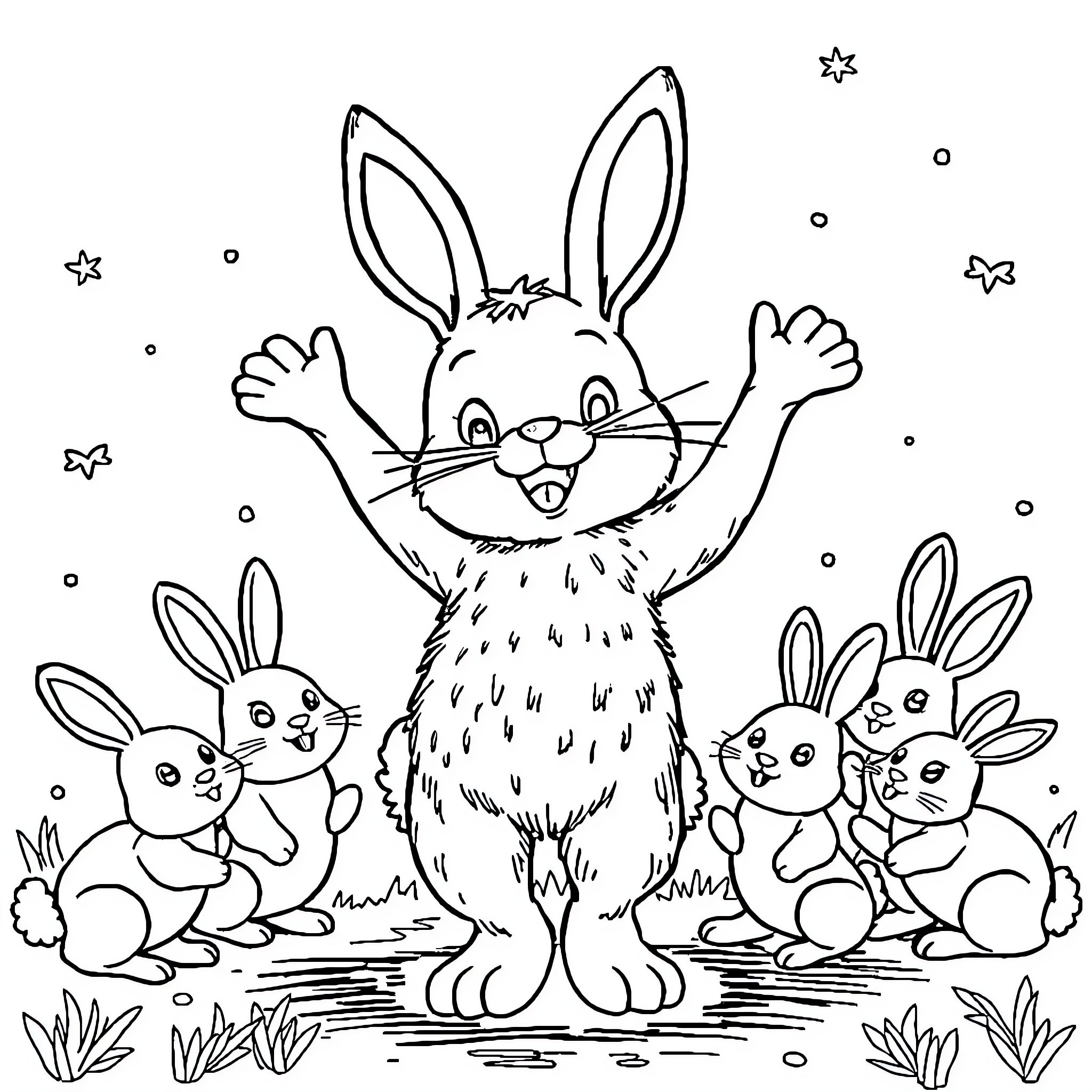 Labubu's Happy Bunny Gathering Coloring Page (free black-and-white line drawing printable PDF for all, from beginners to advanced learners, including children, teens, adults, and seniors)