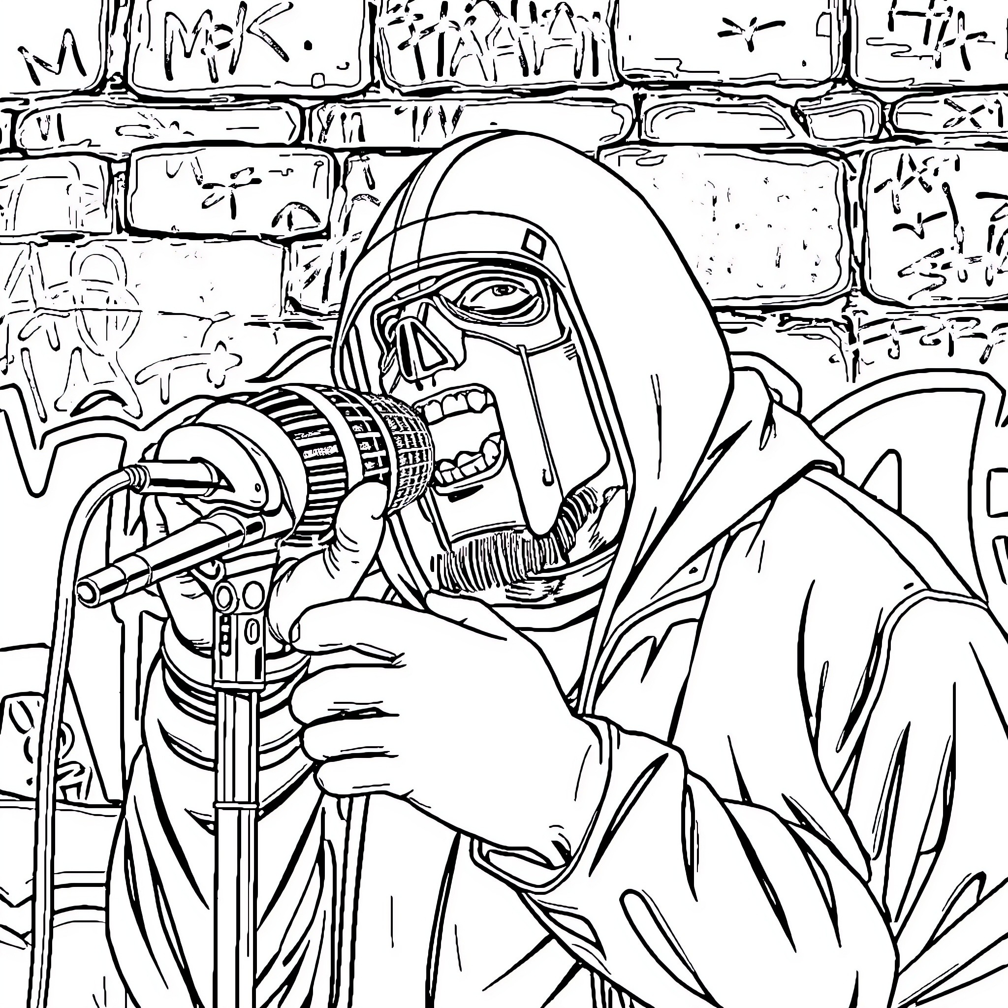 MF DOOM wielding a microphone in an urban setting Coloring Page (free black-and-white line drawing printable PDF for all, from beginners to advanced learners, including children, teens, adults, and seniors)