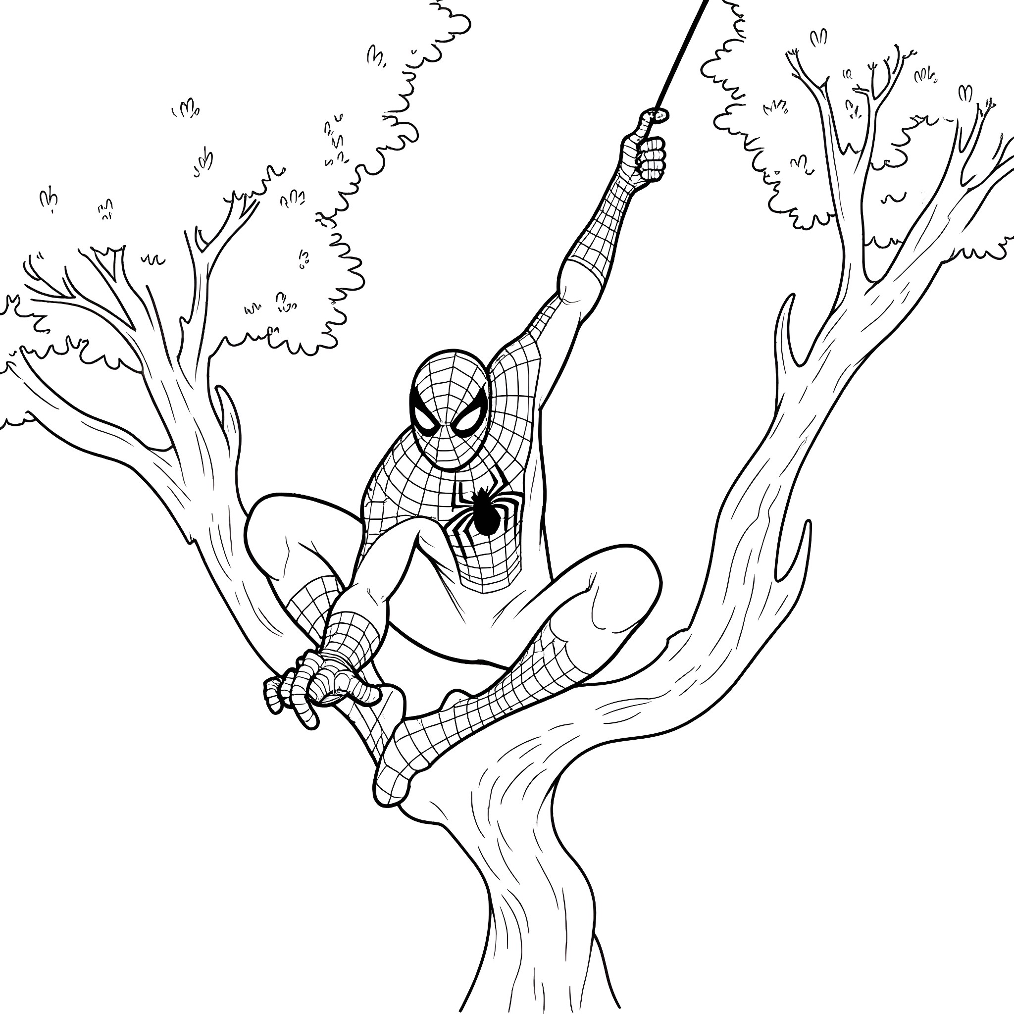 Spider-Man swinging through the city Coloring Page (free black-and-white line drawing printable PDF for all, from beginners to advanced learners, including children, teens, adults, and seniors)