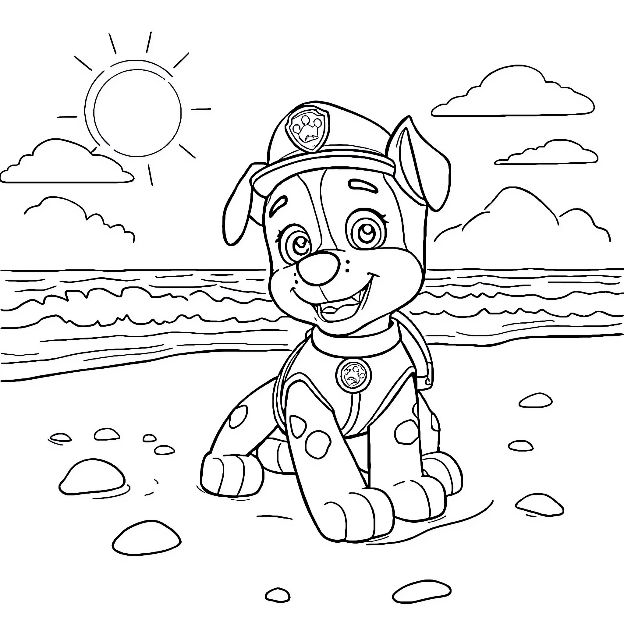 Marshall's Joyful Adventure on the Beach Coloring Page (free black-and-white line drawing printable PDF for all, from beginners to advanced learners, including children, teens, adults, and seniors)