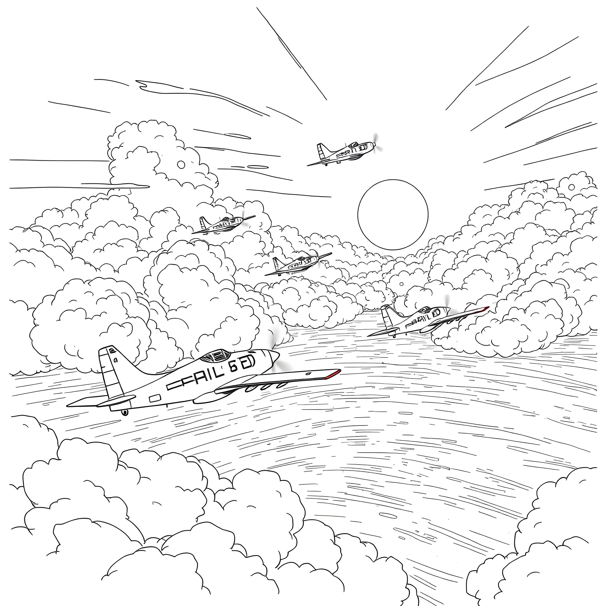Dogfight among warplanes in the cloudy sky Coloring Page (free black-and-white line drawing printable PDF for all, from beginners to advanced learners, including children, teens, adults, and seniors)