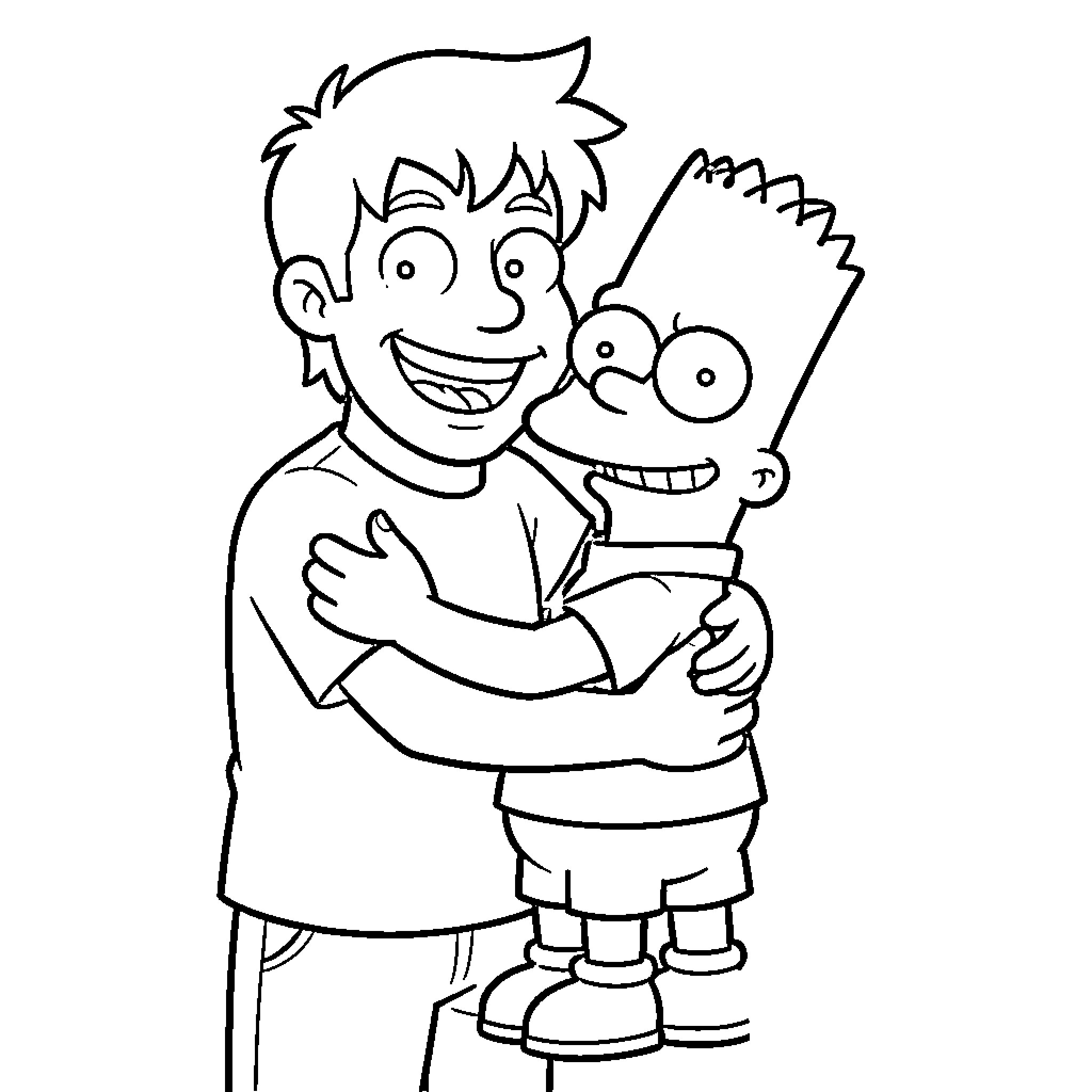 Bart Simpson happily hugging Maggie Simpson Coloring Page (free black-and-white line drawing printable PDF for all, from beginners to advanced learners, including children, teens, adults, and seniors)