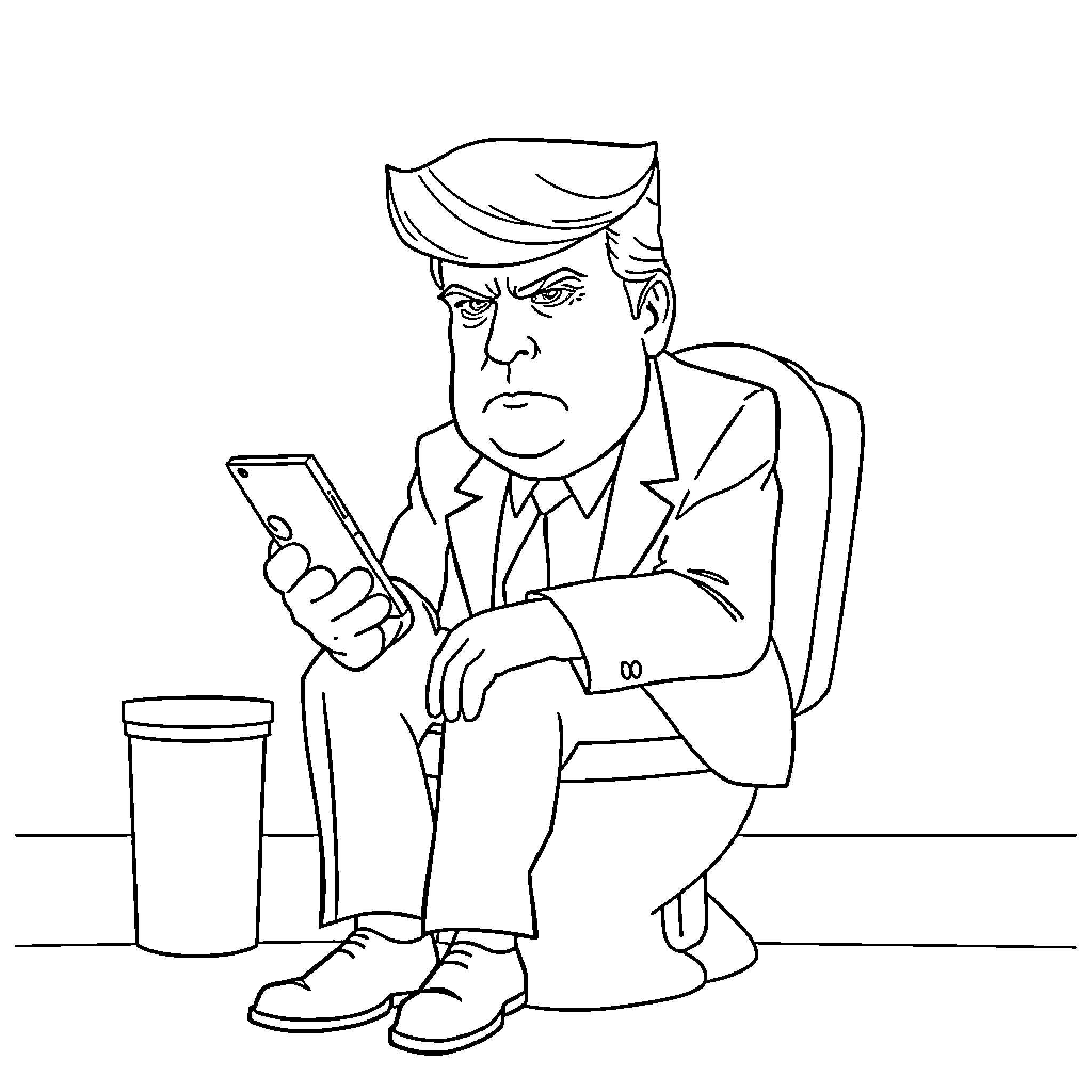 Donald Trump using a mobile device while seated Coloring Page (free black-and-white line drawing printable PDF for all, from beginners to advanced learners, including children, teens, adults, and seniors)