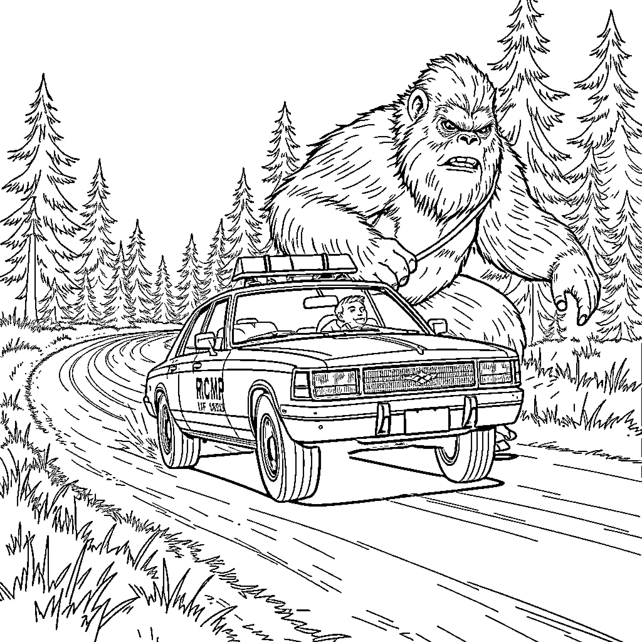RCMP Police Car Chasing Bigfoot Through the Forest Coloring Page (free black-and-white line drawing printable PDF for all, from beginners to advanced learners, including children, teens, adults, and seniors)