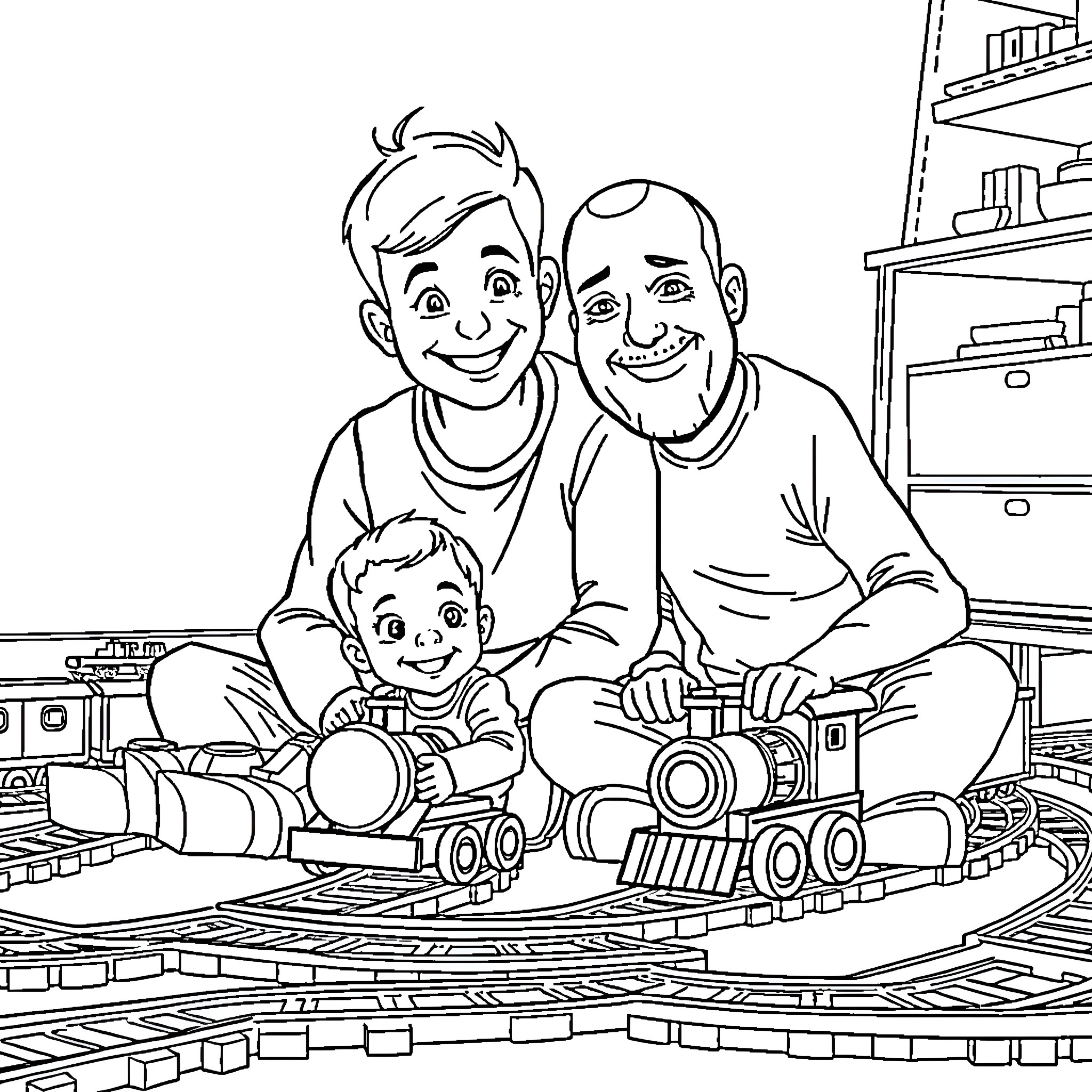 Boy enjoys building blocks with father and son Coloring Page (free black-and-white line drawing printable PDF for all, from beginners to advanced learners, including children, teens, adults, and seniors)