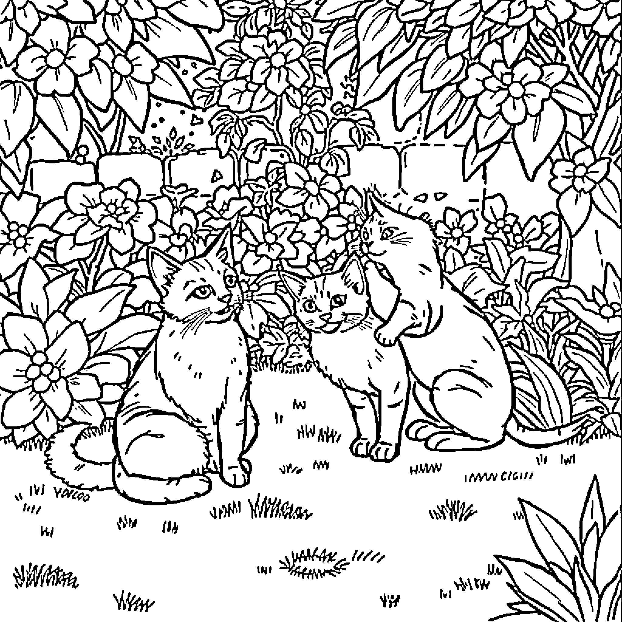 Cat Duo Among the Floral Foliage Coloring Page (free black-and-white line drawing printable PDF for all, from beginners to advanced learners, including children, teens, adults, and seniors)