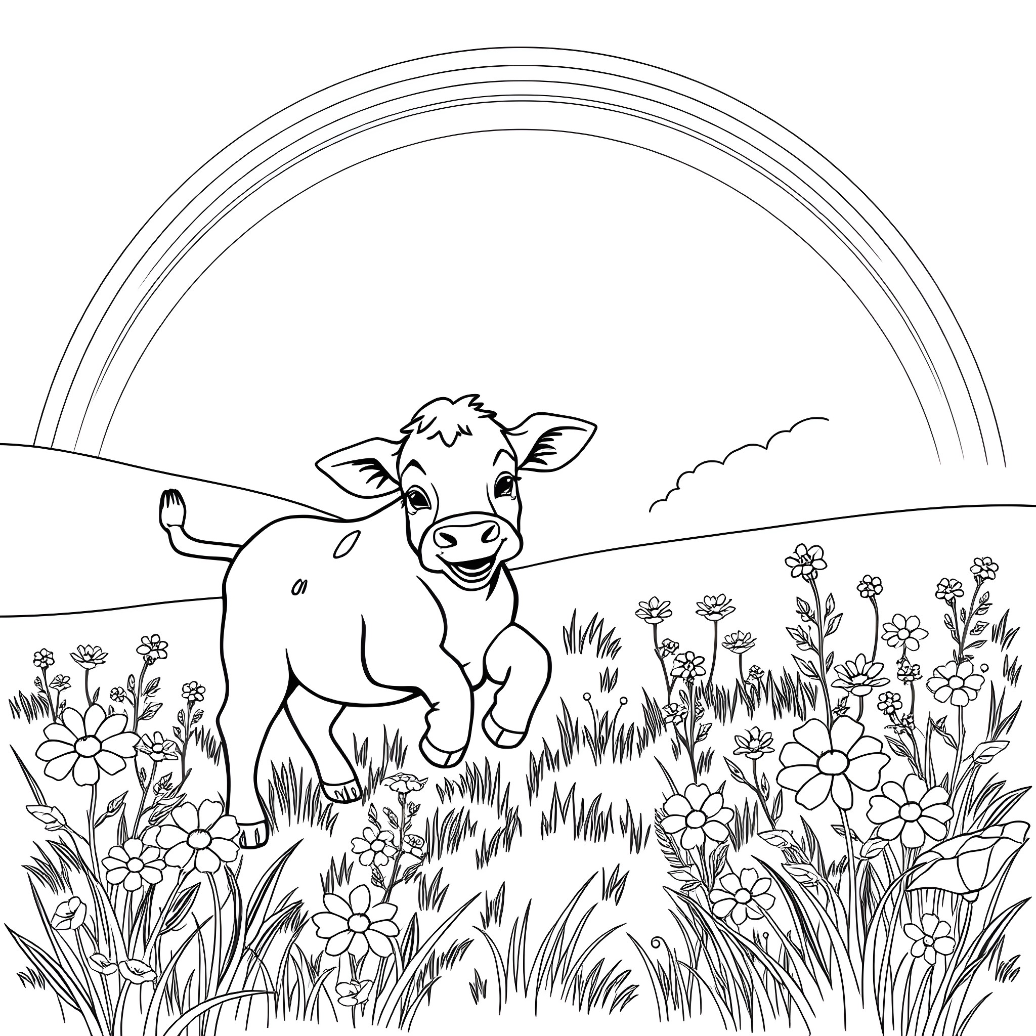 Cow enjoying the meadow under a rainbow Coloring Page (free black-and-white line drawing printable PDF for all, from beginners to advanced learners, including children, teens, adults, and seniors)