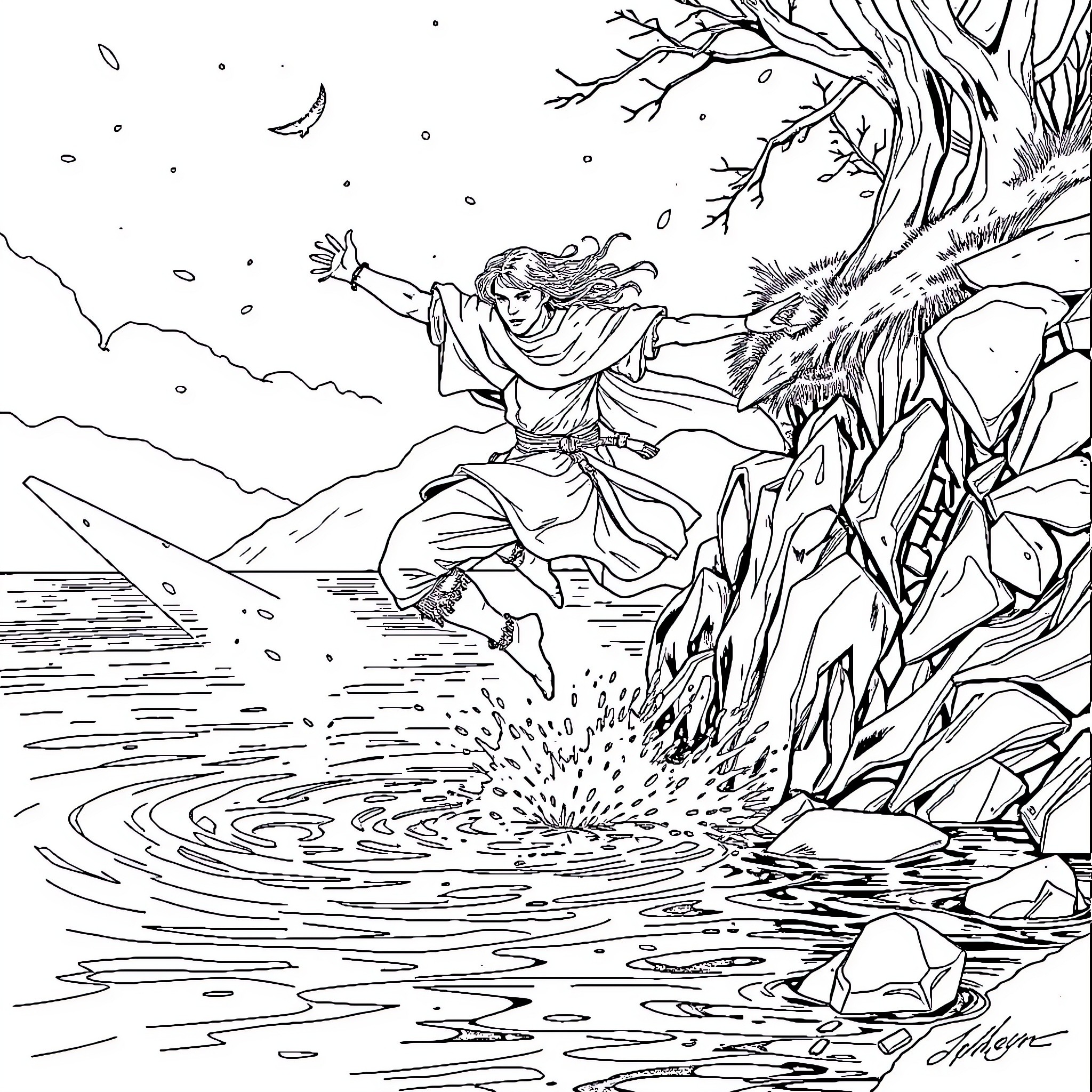 Aragorn leaping across a river in a rugged landscape Coloring Page (free black-and-white line drawing printable PDF for all, from beginners to advanced learners, including children, teens, adults, and seniors)