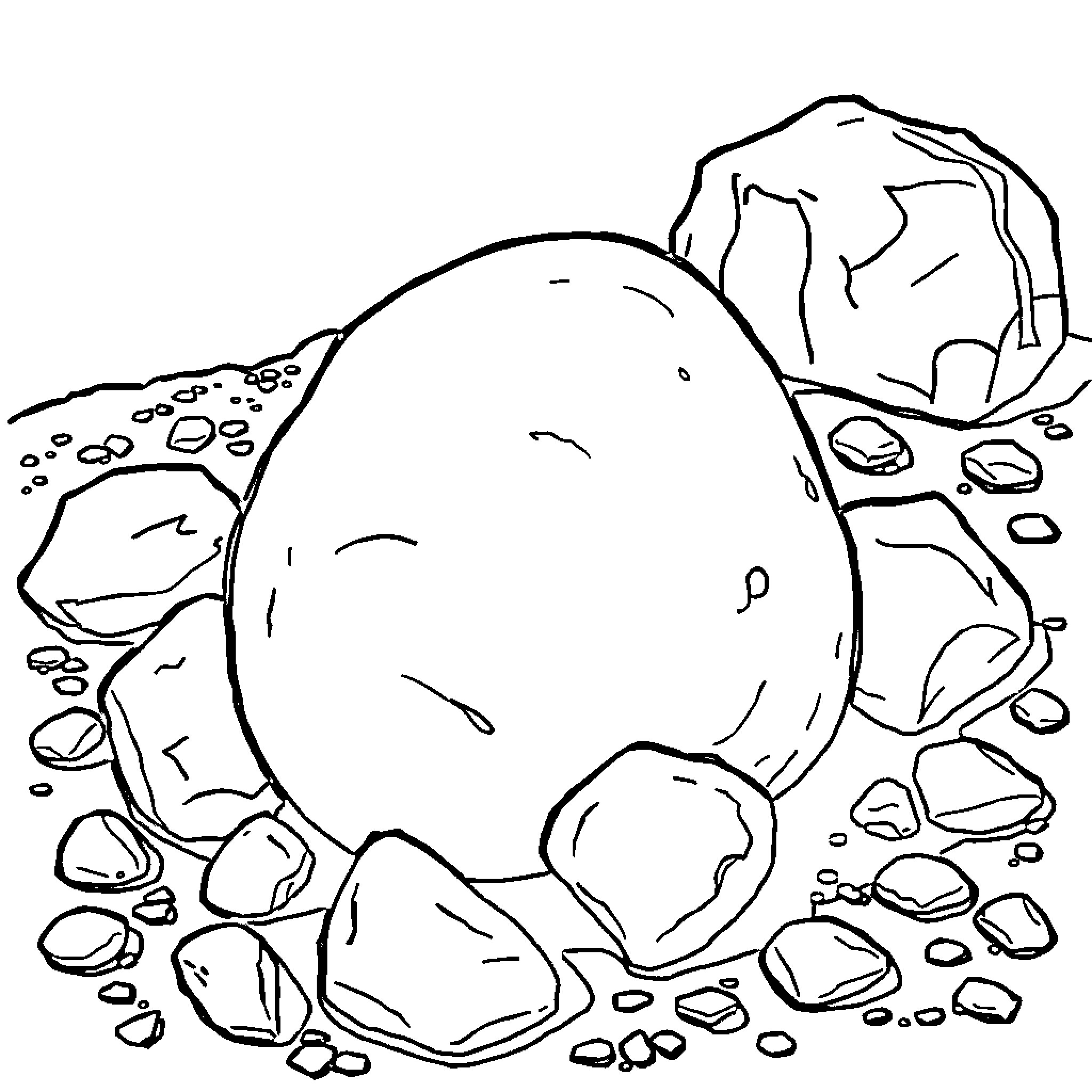 Potato sitting amongst rocks and pebbles Coloring Page (free black-and-white line drawing printable PDF for all, from beginners to advanced learners, including children, teens, adults, and seniors)