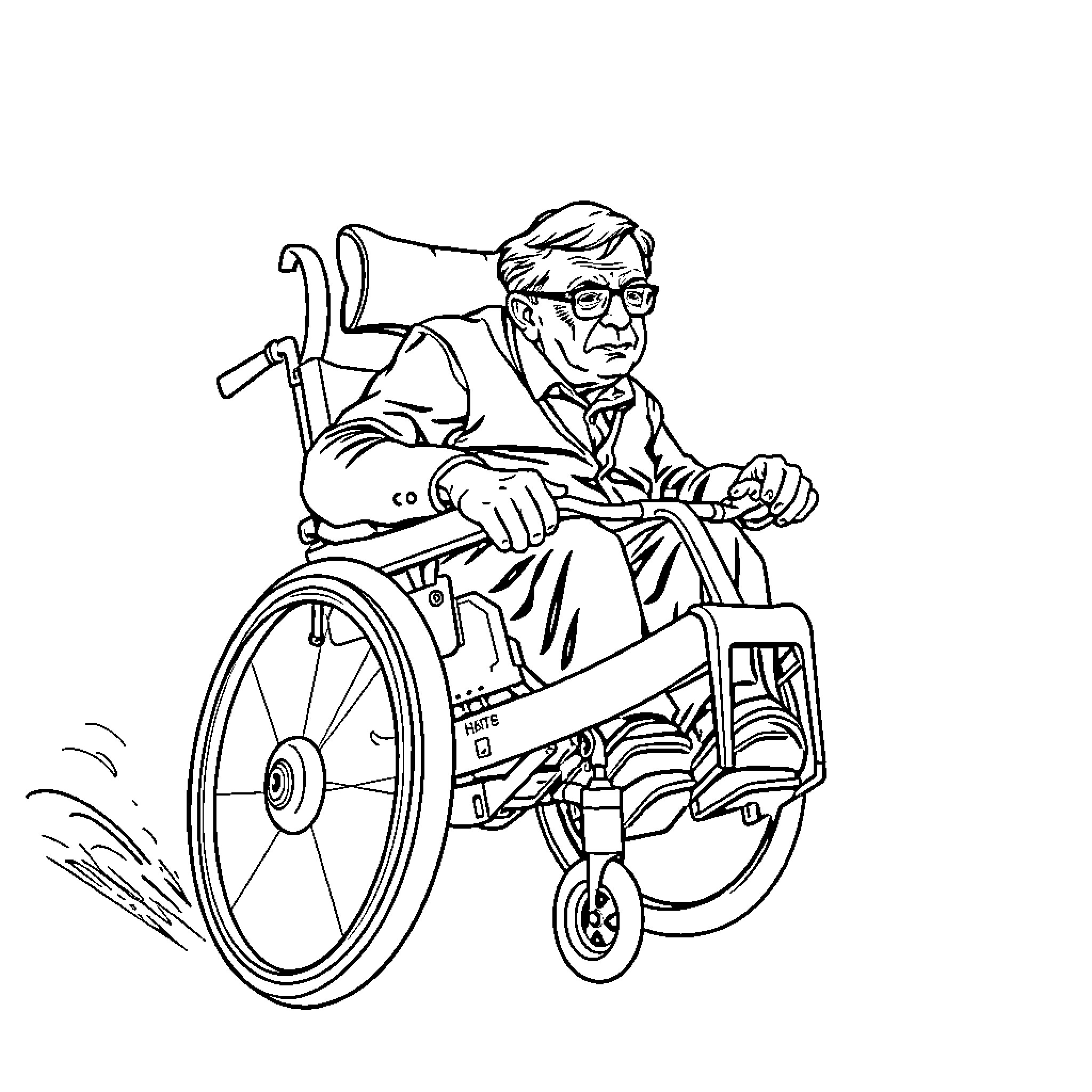 Stephen Hawking in a Wheelchair Focused on Research Coloring Page (free black-and-white line drawing printable PDF for all, from beginners to advanced learners, including children, teens, adults, and seniors)