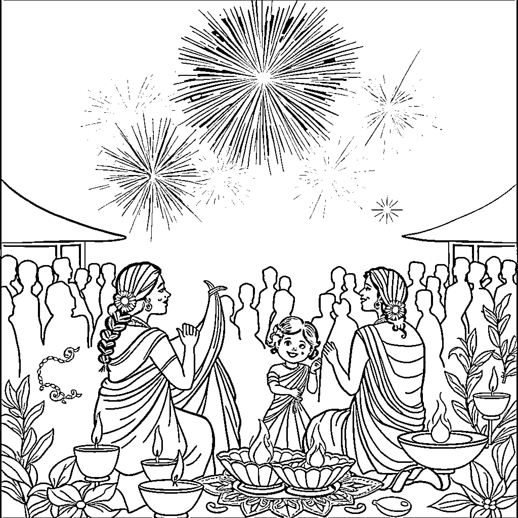 Diwali celebration with festive gatherings and fireworks Coloring Page (free black-and-white line drawing printable PDF for all, from beginners to advanced learners, including children, teens, adults, and seniors)
