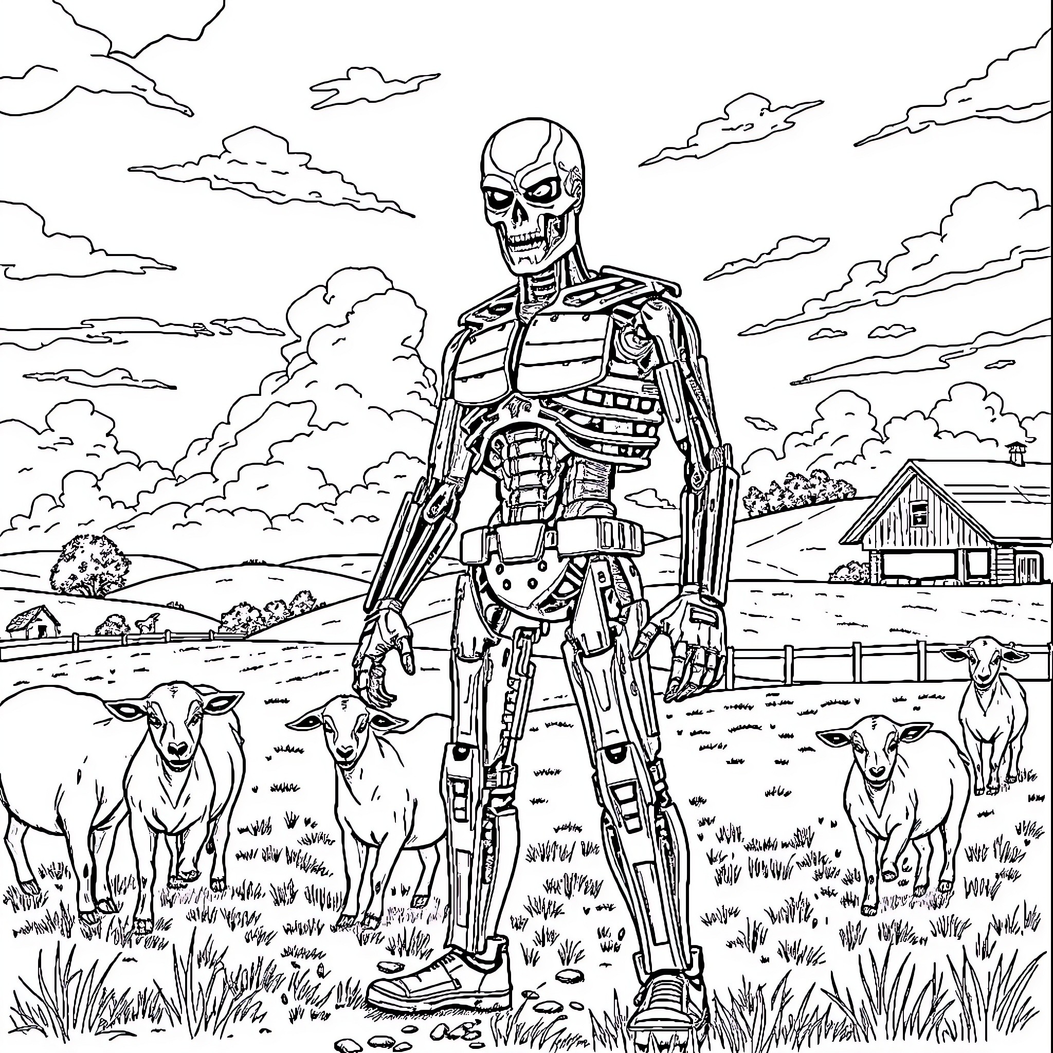 Terminator Confronts Sheep in Pastoral Landscape Coloring Page (free black-and-white line drawing printable PDF for all, from beginners to advanced learners, including children, teens, adults, and seniors)