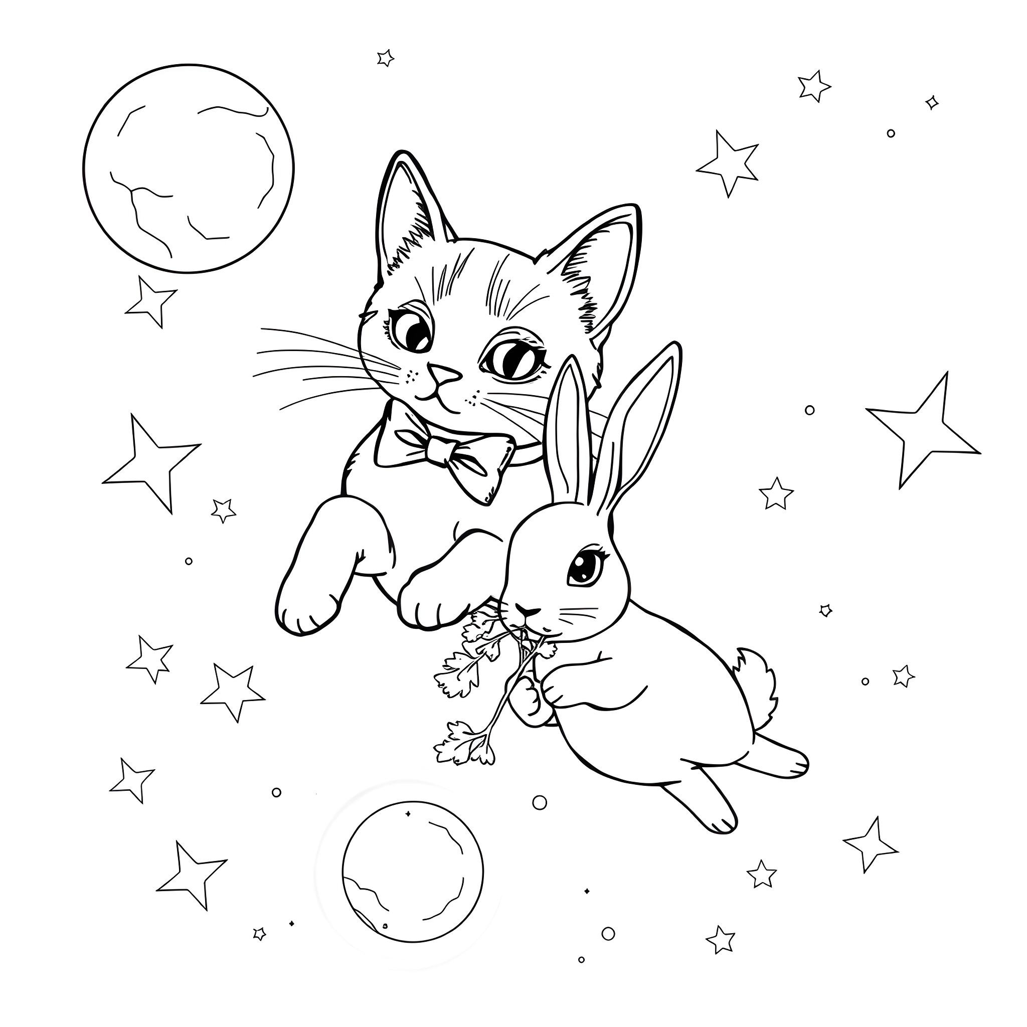 Cat and Rabbit exploring under the Night Sky Coloring Page (free black-and-white line drawing printable PDF for all, from beginners to advanced learners, including children, teens, adults, and seniors)