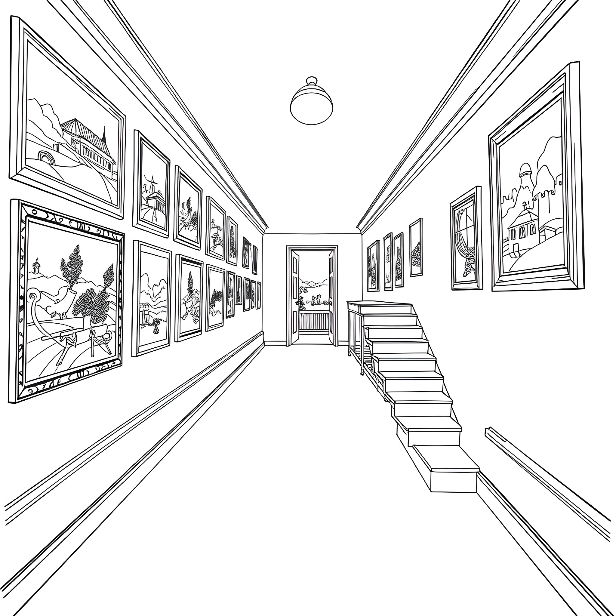 Corridor with Framed Artworks and Staircase Coloring Page (free black-and-white line drawing printable PDF for all, from beginners to advanced learners, including children, teens, adults, and seniors)