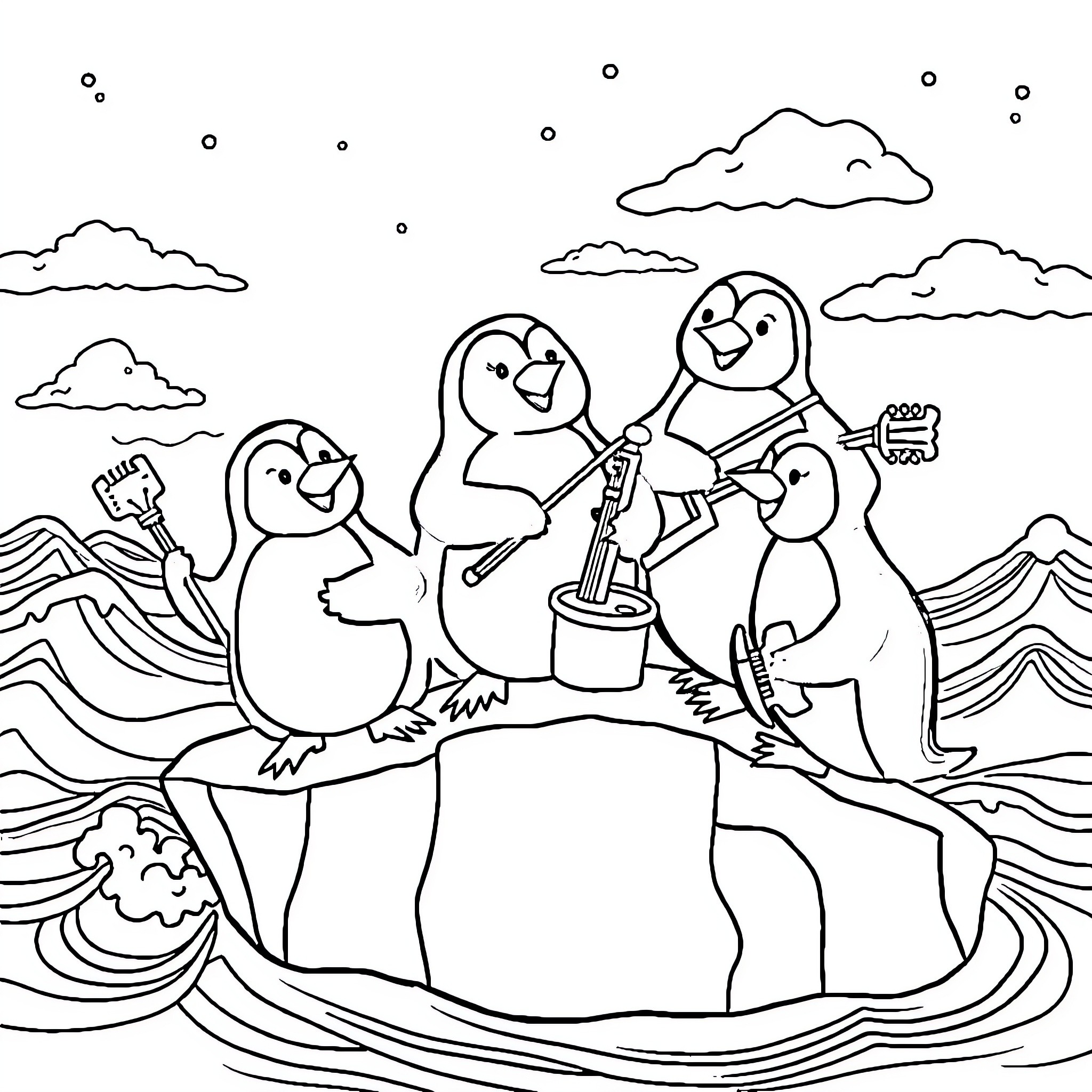 Penguins having a picnic in a scenic landscape Coloring Page (free black-and-white line drawing printable PDF for all, from beginners to advanced learners, including children, teens, adults, and seniors)