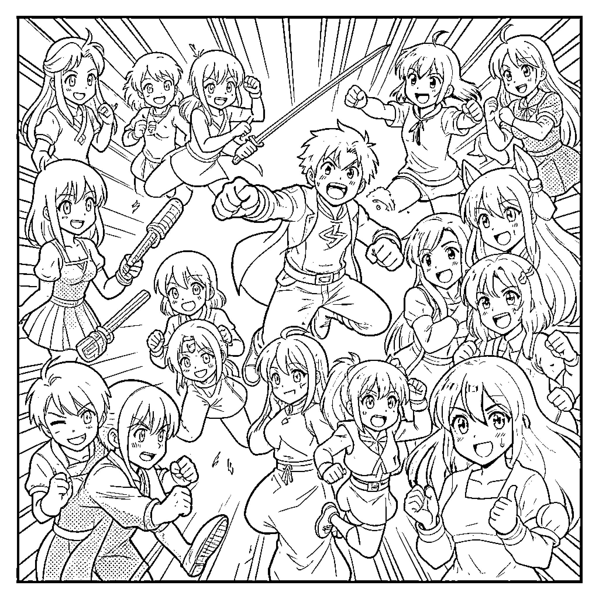 Anime Characters Engaged in Lively Interactions Coloring Page (free black-and-white line drawing printable PDF for all, from beginners to advanced learners, including children, teens, adults, and seniors)