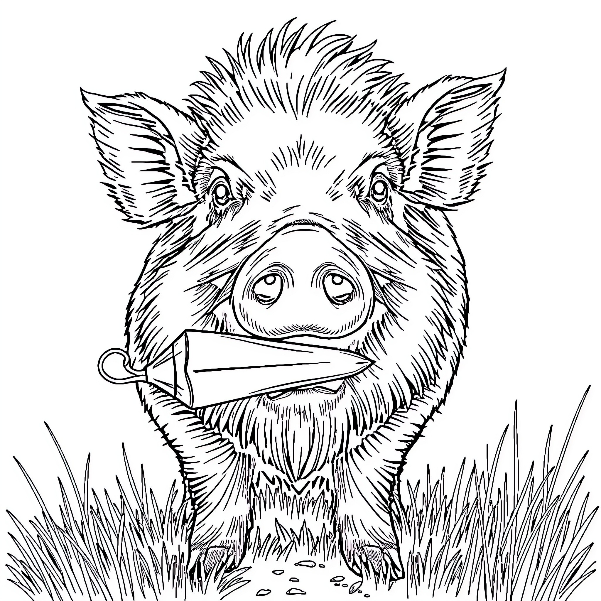 Boar with curious expression peering through grass Coloring Page (free black-and-white line drawing printable PDF for all, from beginners to advanced learners, including children, teens, adults, and seniors)
