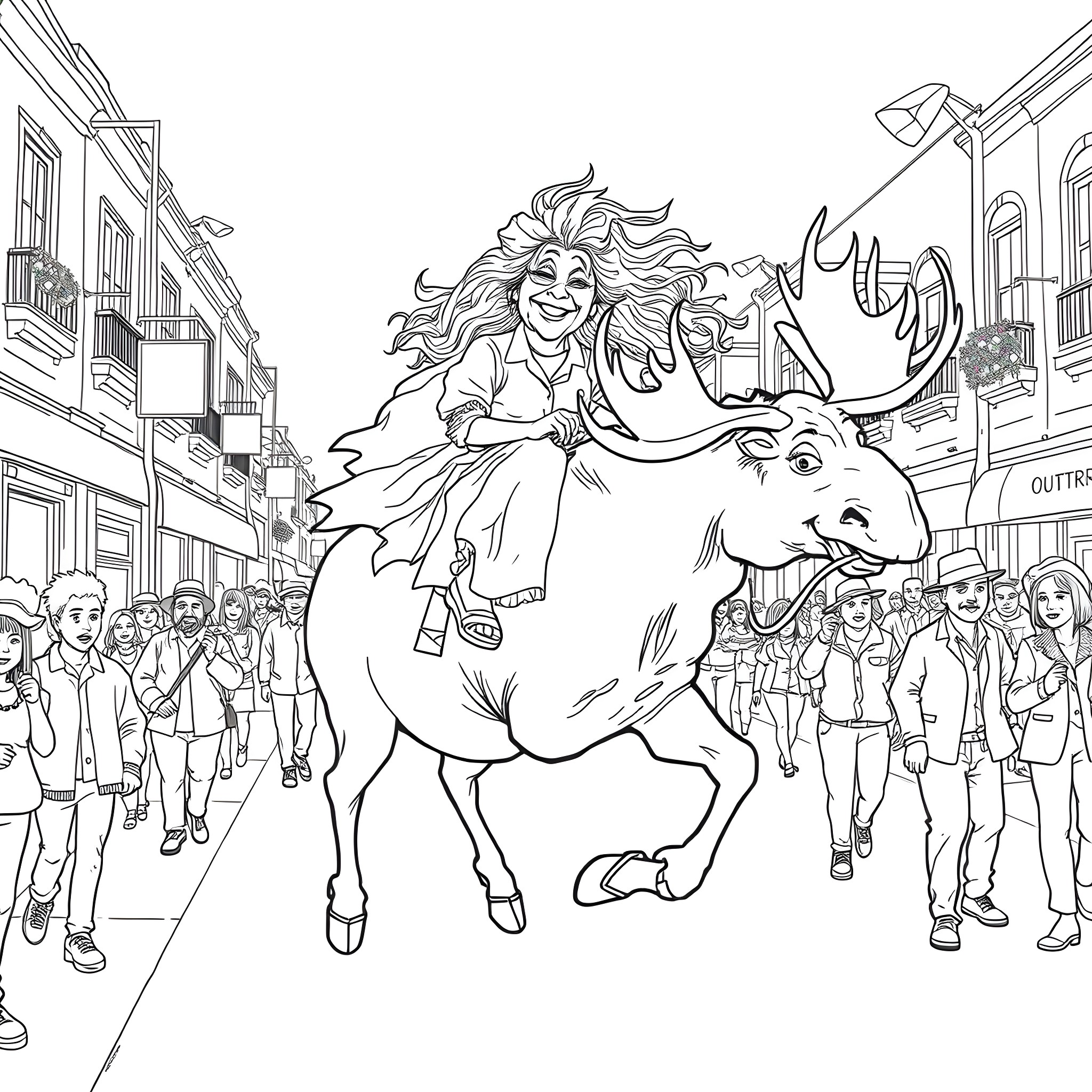 Old Lady Riding a Fantasy Creature through a Crowded Street Coloring Page (free black-and-white line drawing printable PDF for all, from beginners to advanced learners, including children, teens, adults, and seniors)