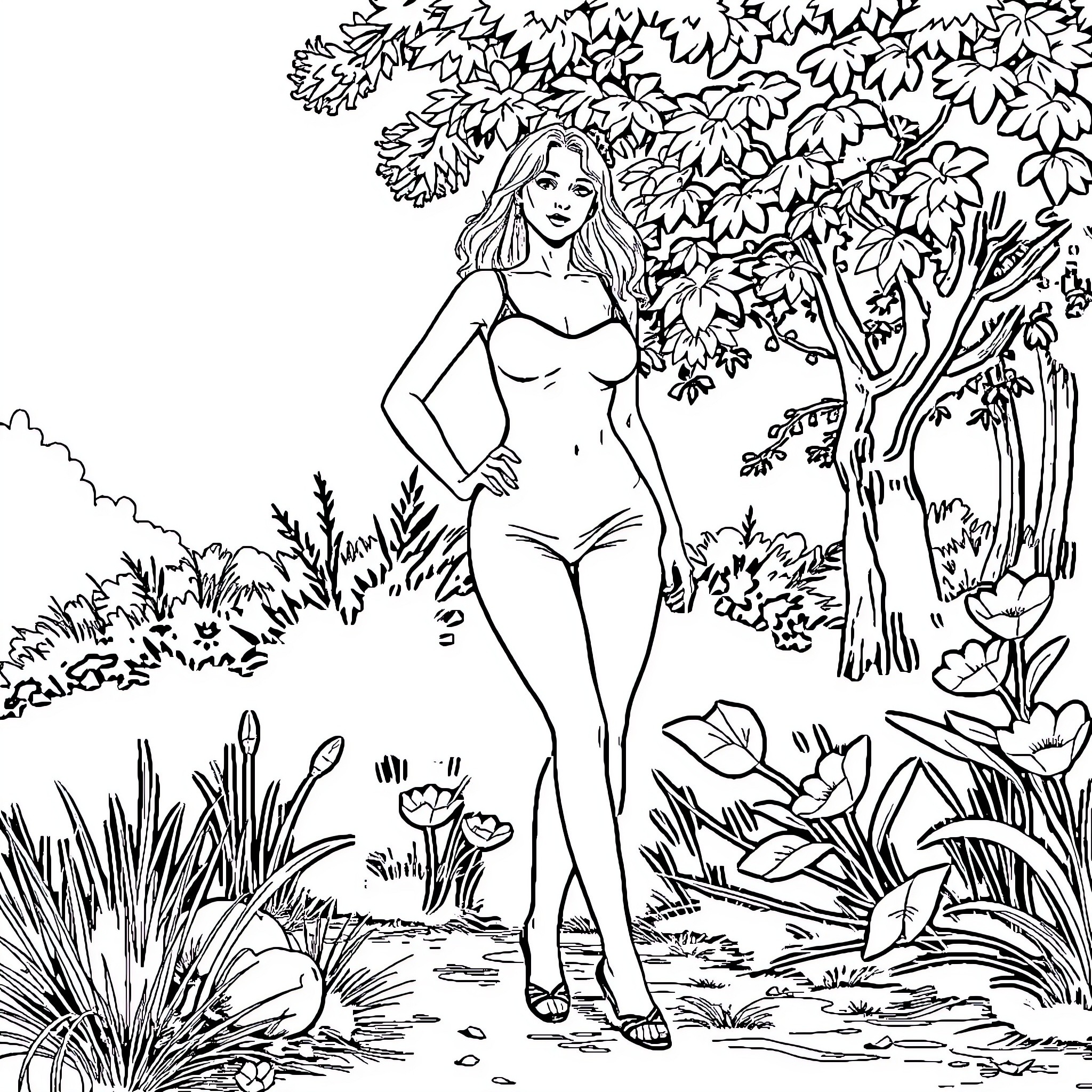 Sidney Sweeney enjoying nature's beauty in the forest Coloring Page (free black-and-white line drawing printable PDF for all, from beginners to advanced learners, including children, teens, adults, and seniors)