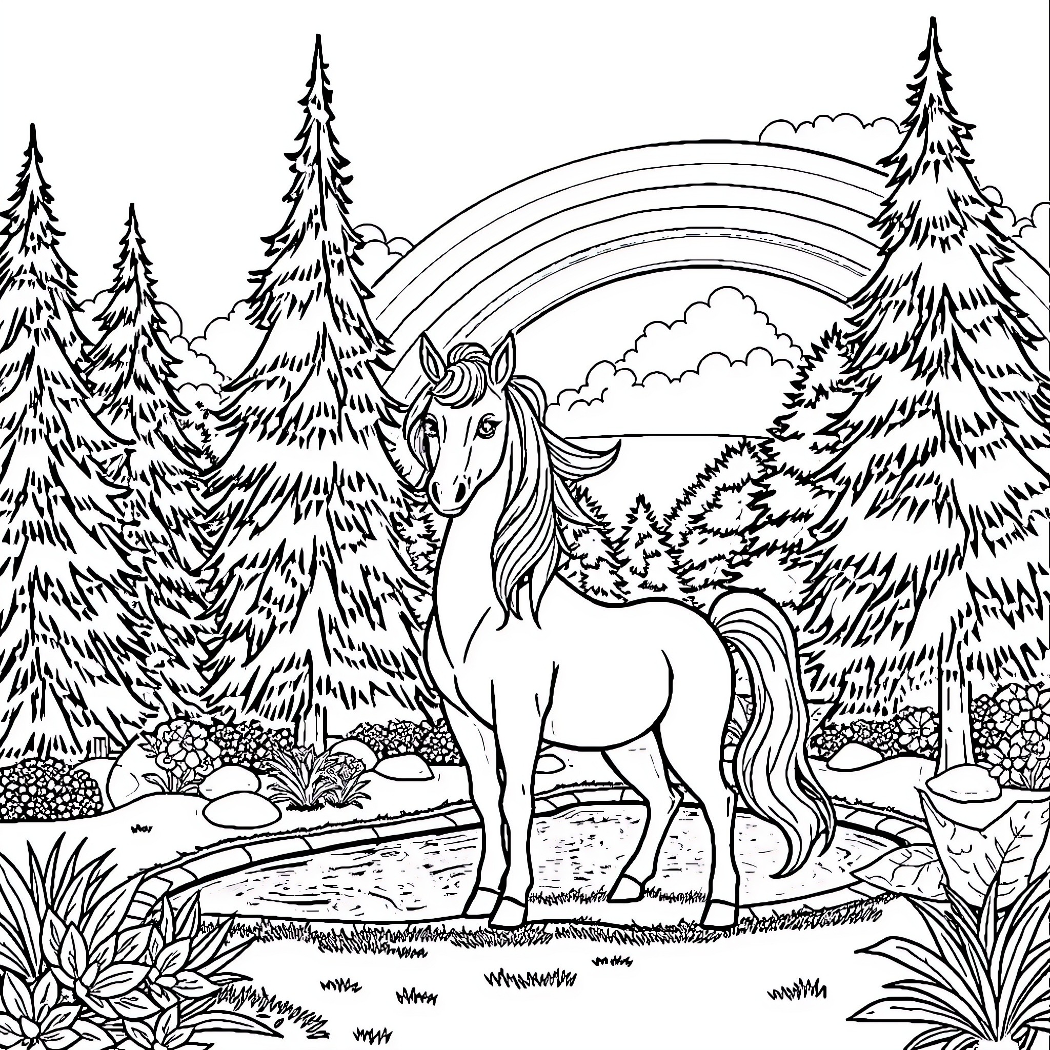 Unicorn standing in magical forest landscape Coloring Page (free black-and-white line drawing printable PDF for all, from beginners to advanced learners, including children, teens, adults, and seniors)
