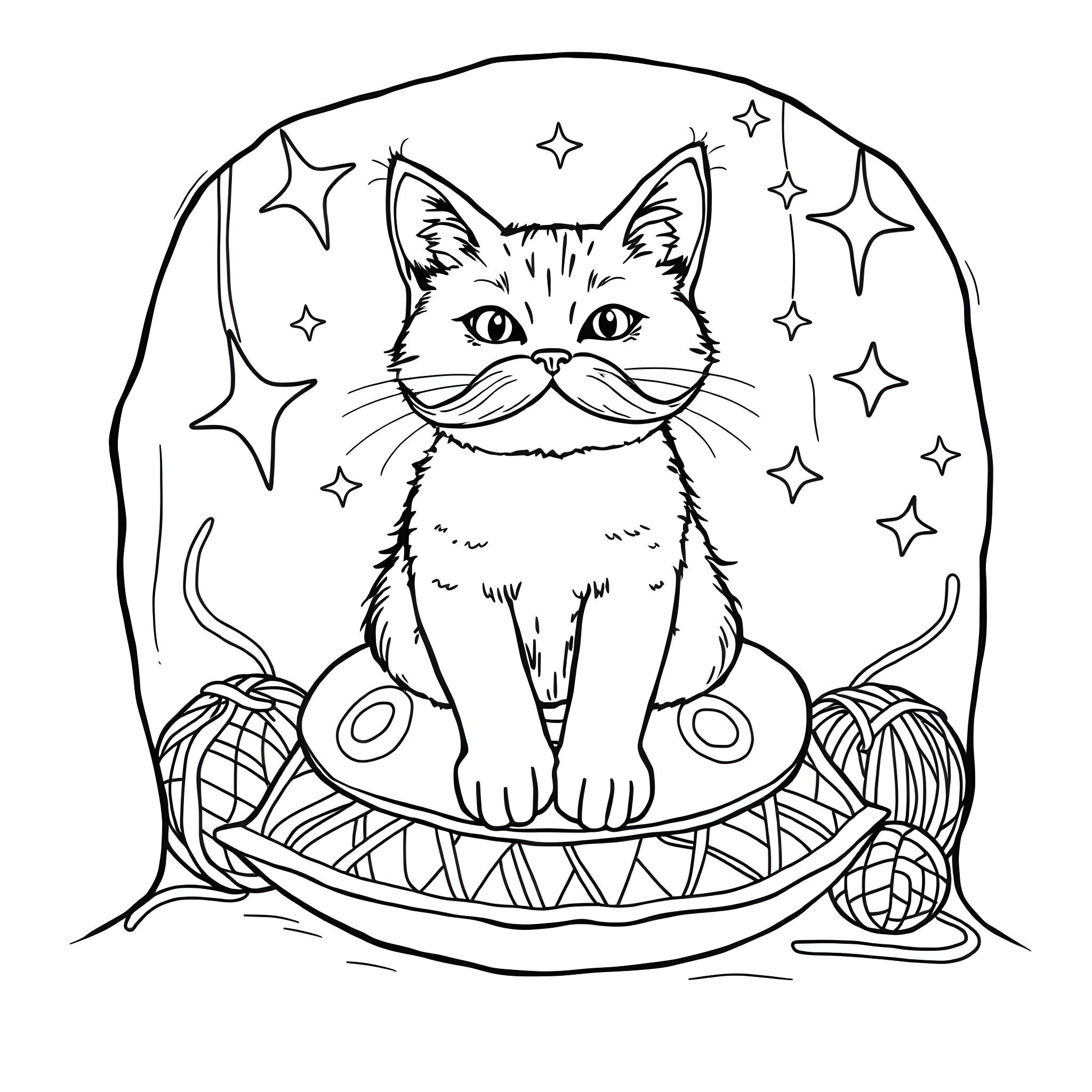 Cat sitting on a basket with stars Coloring Page (free black-and-white line drawing printable PDF for all, from beginners to advanced learners, including children, teens, adults, and seniors)