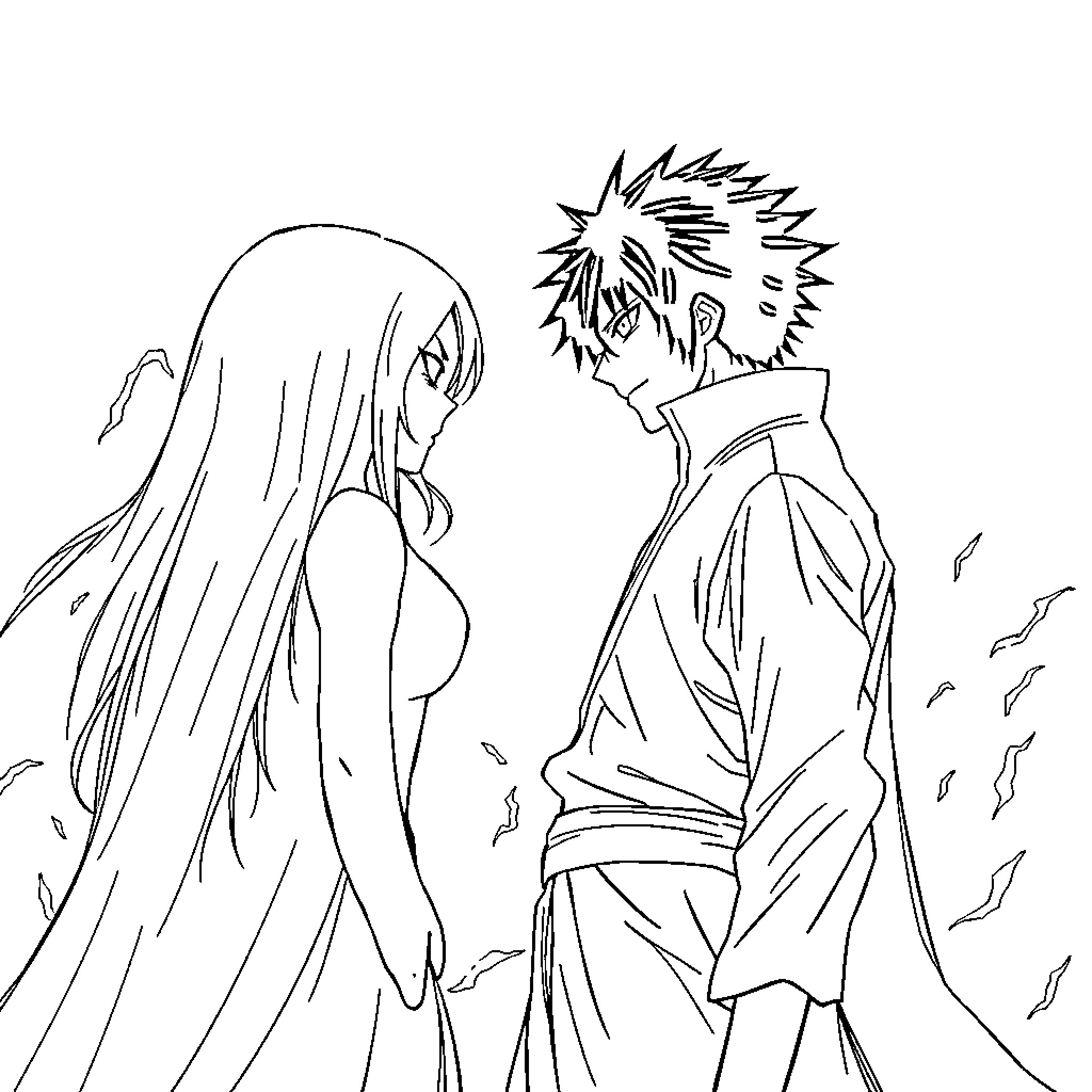 Ichigo Kurosaki and Companion in Dramatic Encounter Coloring Page (free black-and-white line drawing printable PDF for all, from beginners to advanced learners, including children, teens, adults, and seniors)