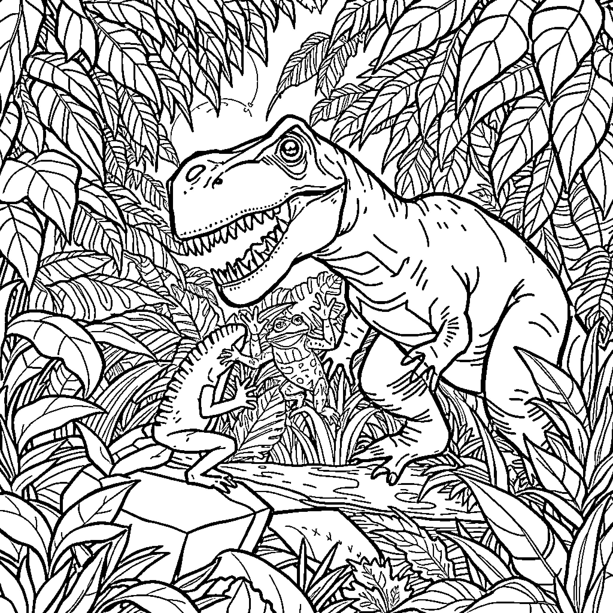 Frog Roaring in Lush Jungle Coloring Page (free black-and-white line drawing printable PDF for all, from beginners to advanced learners, including children, teens, adults, and seniors)