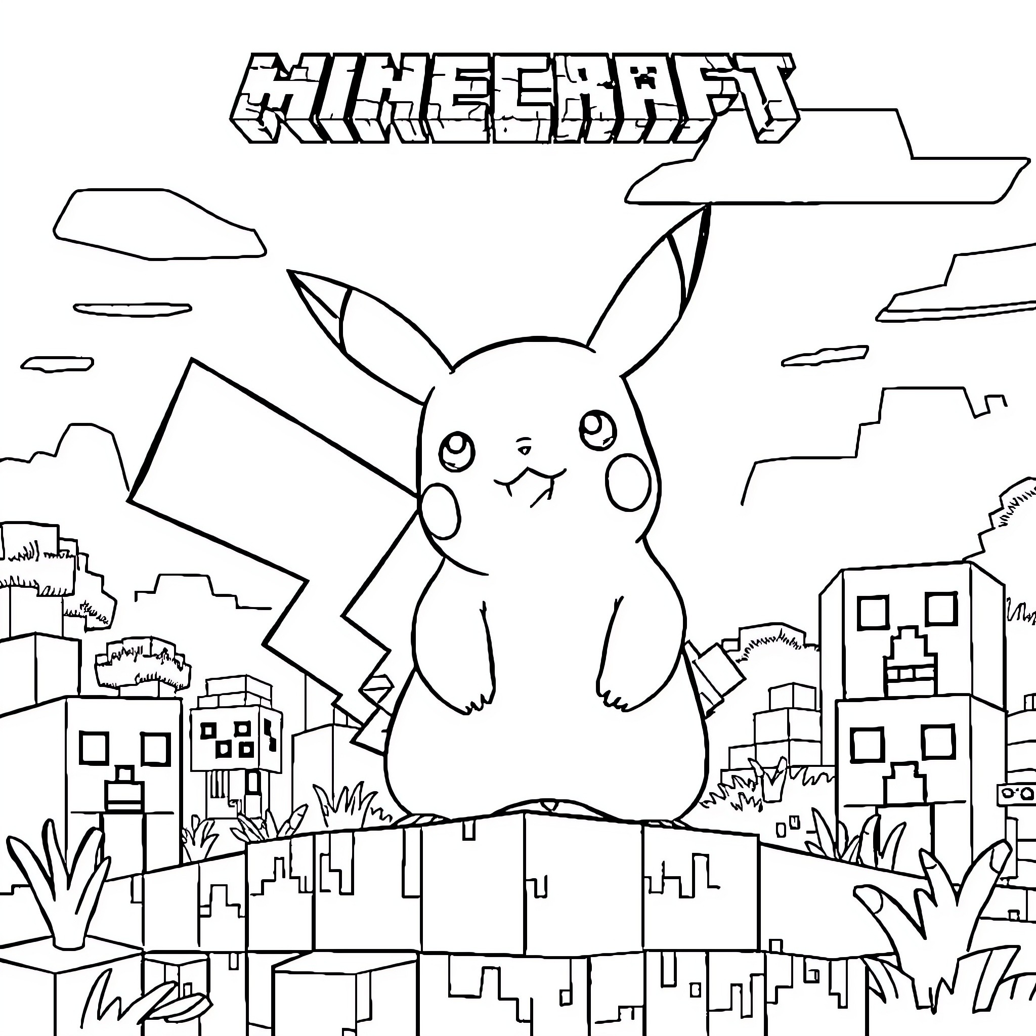 Pikachu's Minecraft Adventure Coloring Page (free black-and-white line drawing printable PDF for all, from beginners to advanced learners, including children, teens, adults, and seniors)