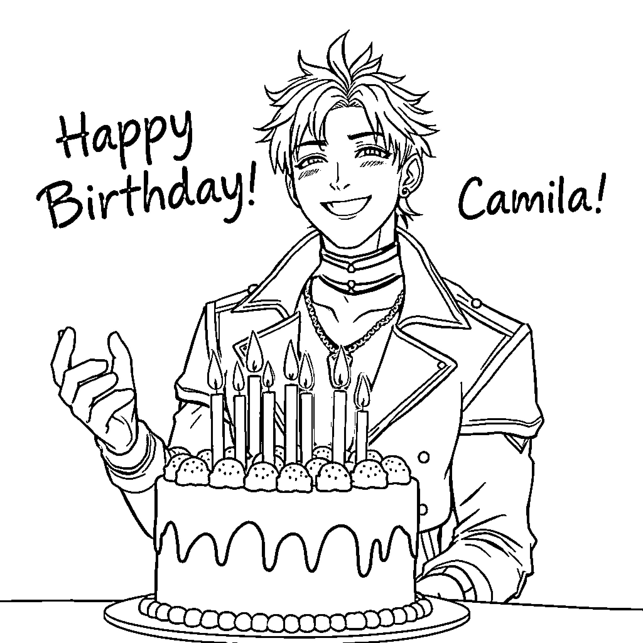Huntrx Celebrating a Birthday with Cake and Cheer Coloring Page (free black-and-white line drawing printable PDF for all, from beginners to advanced learners, including children, teens, adults, and seniors)