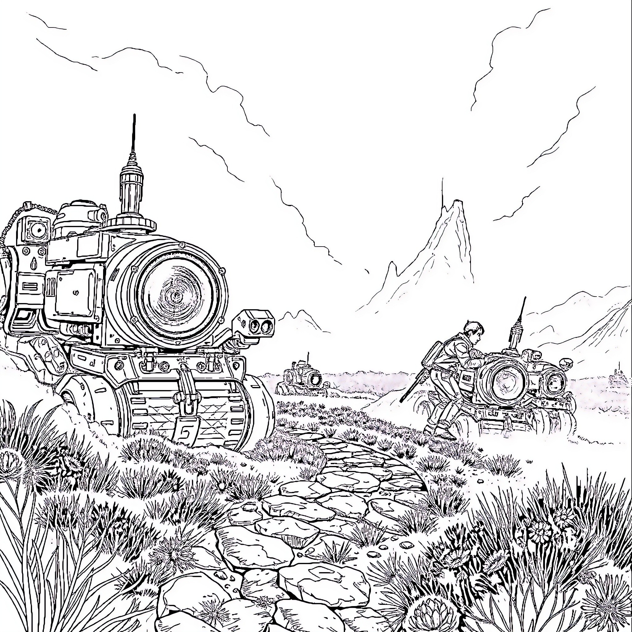 Sam's adventure with mechanical wonders in the vast wilderness Coloring Page (free black-and-white line drawing printable PDF for all, from beginners to advanced learners, including children, teens, adults, and seniors)