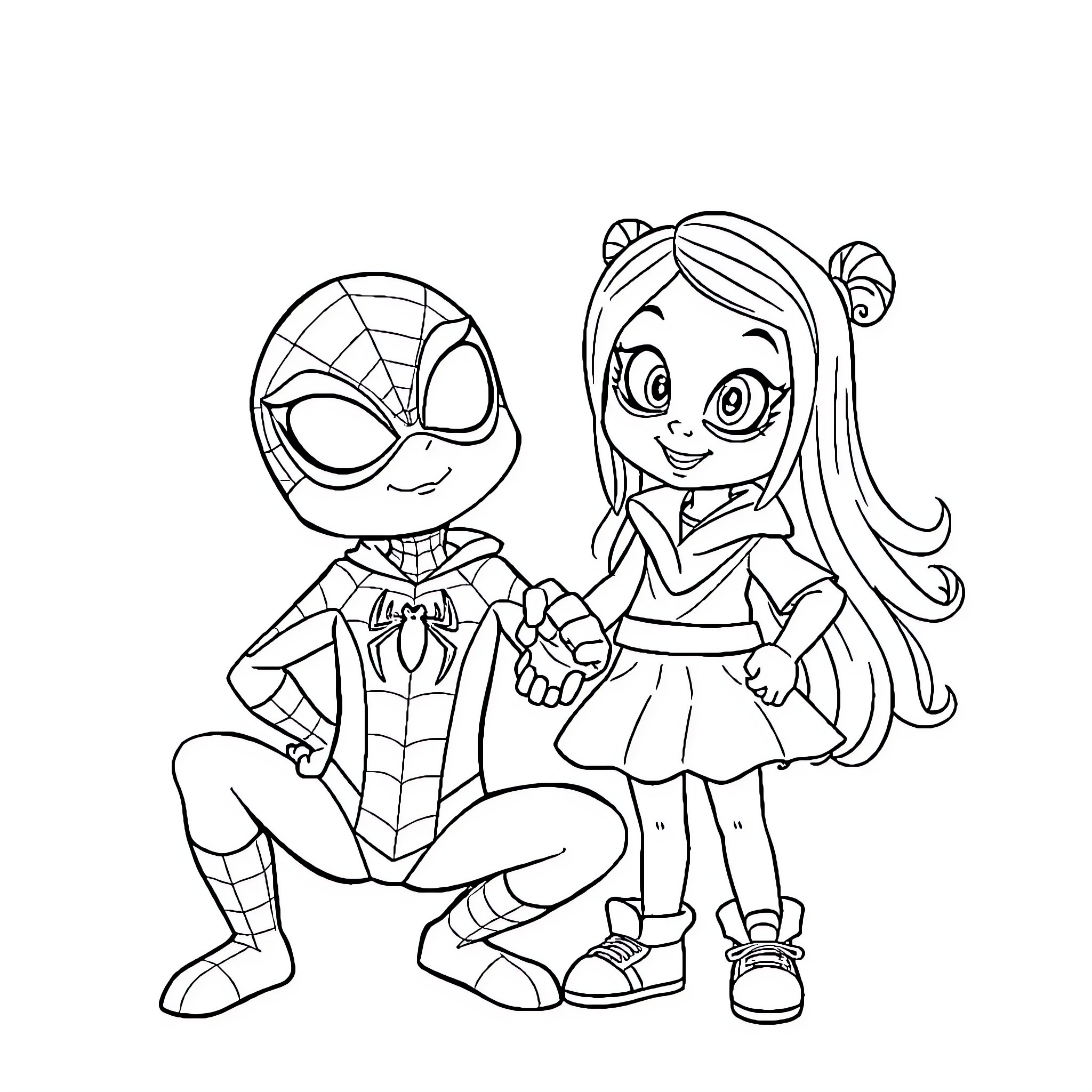Bluey and Spider-Man playing together Coloring Page (free black-and-white line drawing printable PDF for all, from beginners to advanced learners, including children, teens, adults, and seniors)