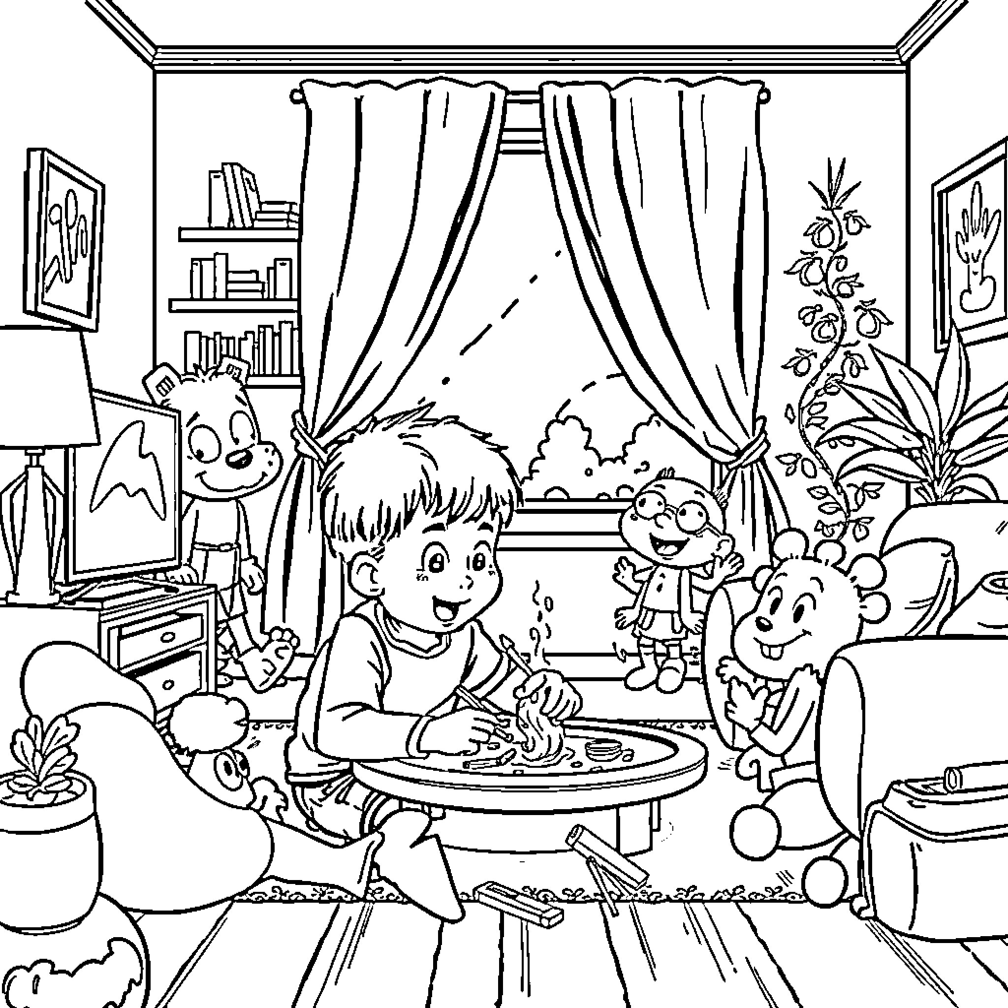 Bluey's Creative Indoor Play Time Coloring Page (free black-and-white line drawing printable PDF for all, from beginners to advanced learners, including children, teens, adults, and seniors)