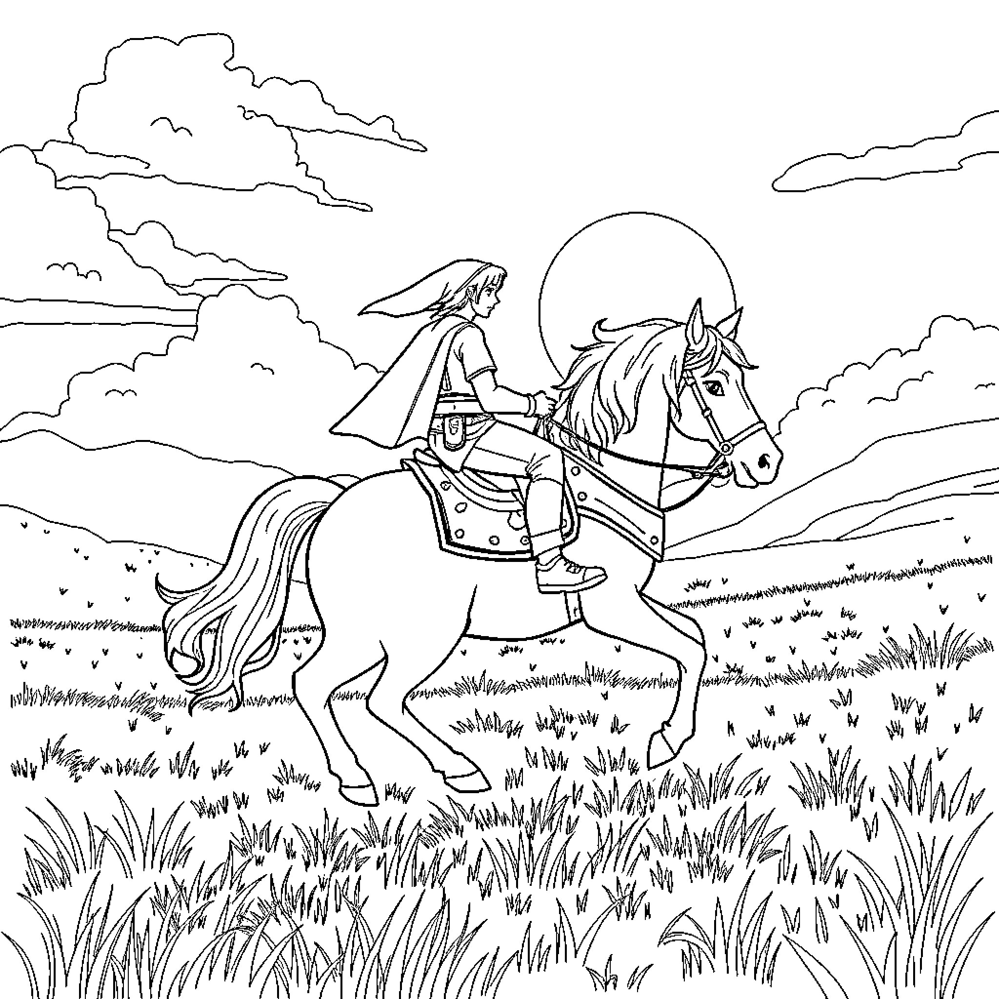 Link riding a horse in the countryside Coloring Page (free black-and-white line drawing printable PDF for all, from beginners to advanced learners, including children, teens, adults, and seniors)