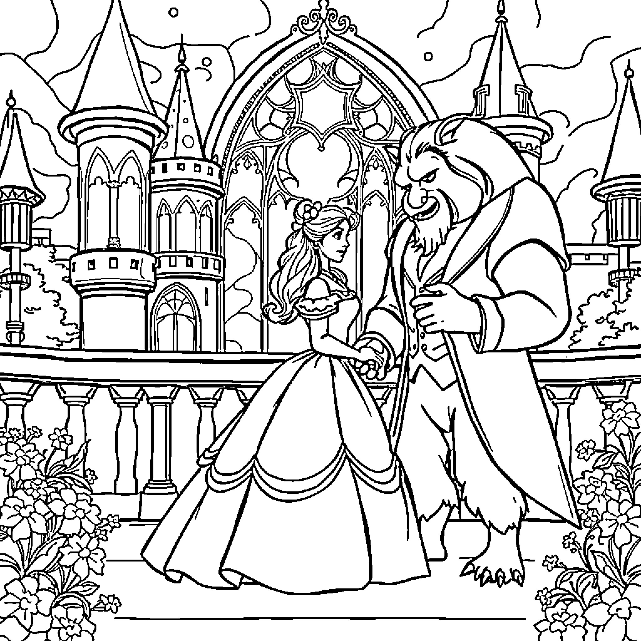 Belle's Enchanted Castle: A Fairytale Romance Coloring Page (free black-and-white line drawing printable PDF for all, from beginners to advanced learners, including children, teens, adults, and seniors)
