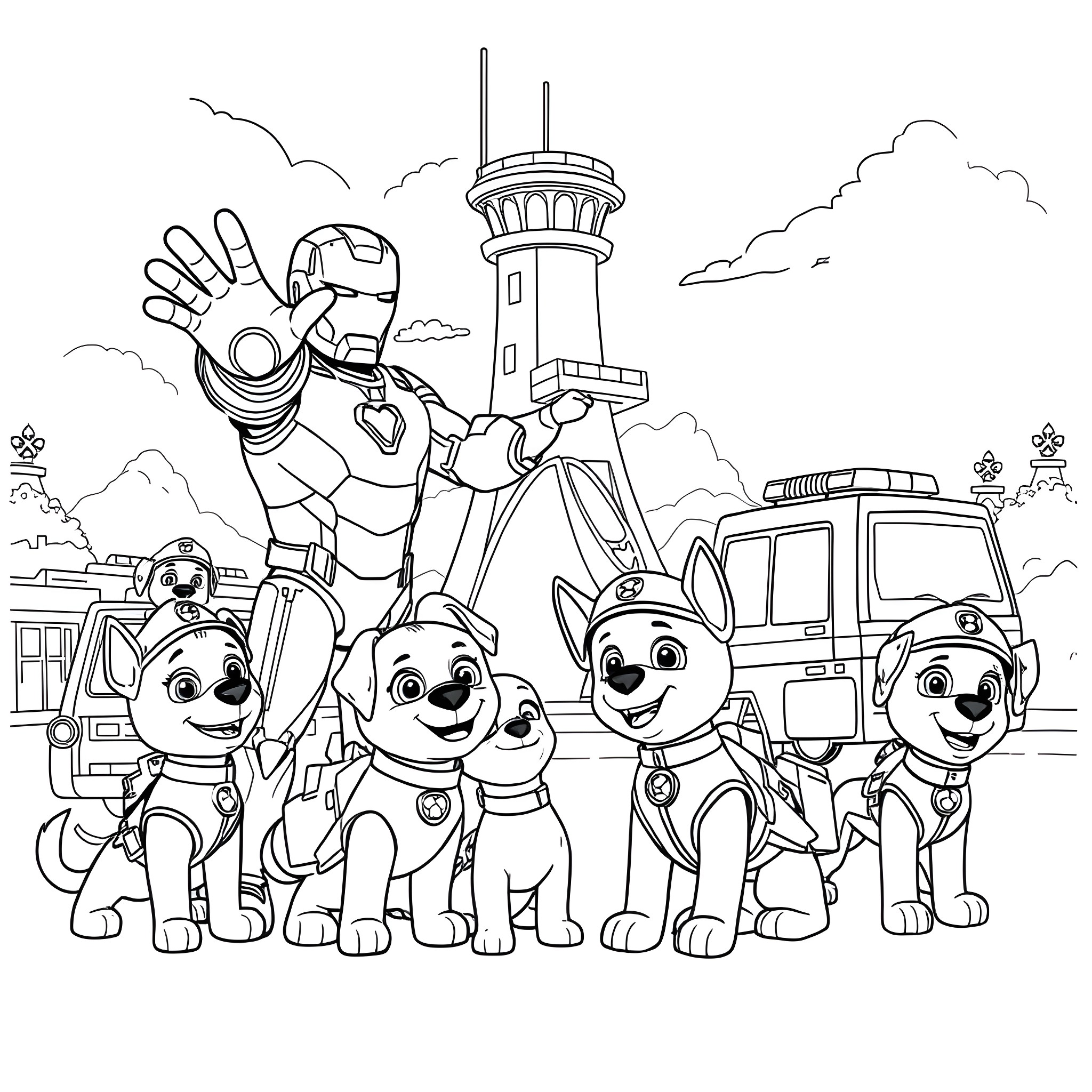 Iron Man meets the Paw Patrol pups in the city Coloring Page (free black-and-white line drawing printable PDF for all, from beginners to advanced learners, including children, teens, adults, and seniors)