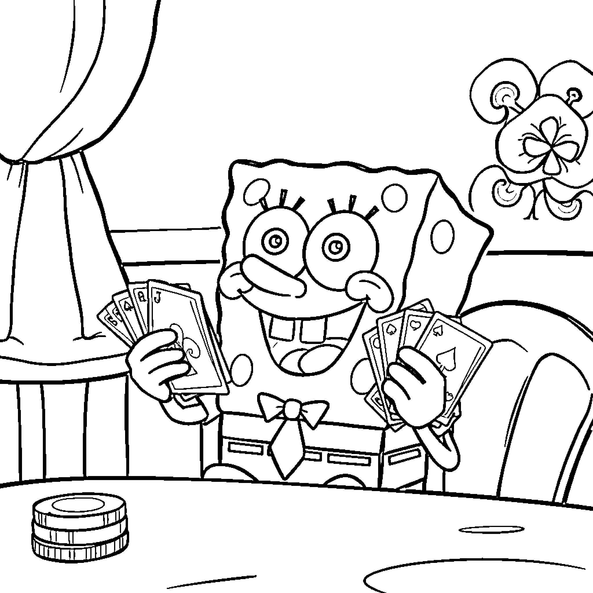 Spongebob playing card games with friends Coloring Page (free black-and-white line drawing printable PDF for all, from beginners to advanced learners, including children, teens, adults, and seniors)