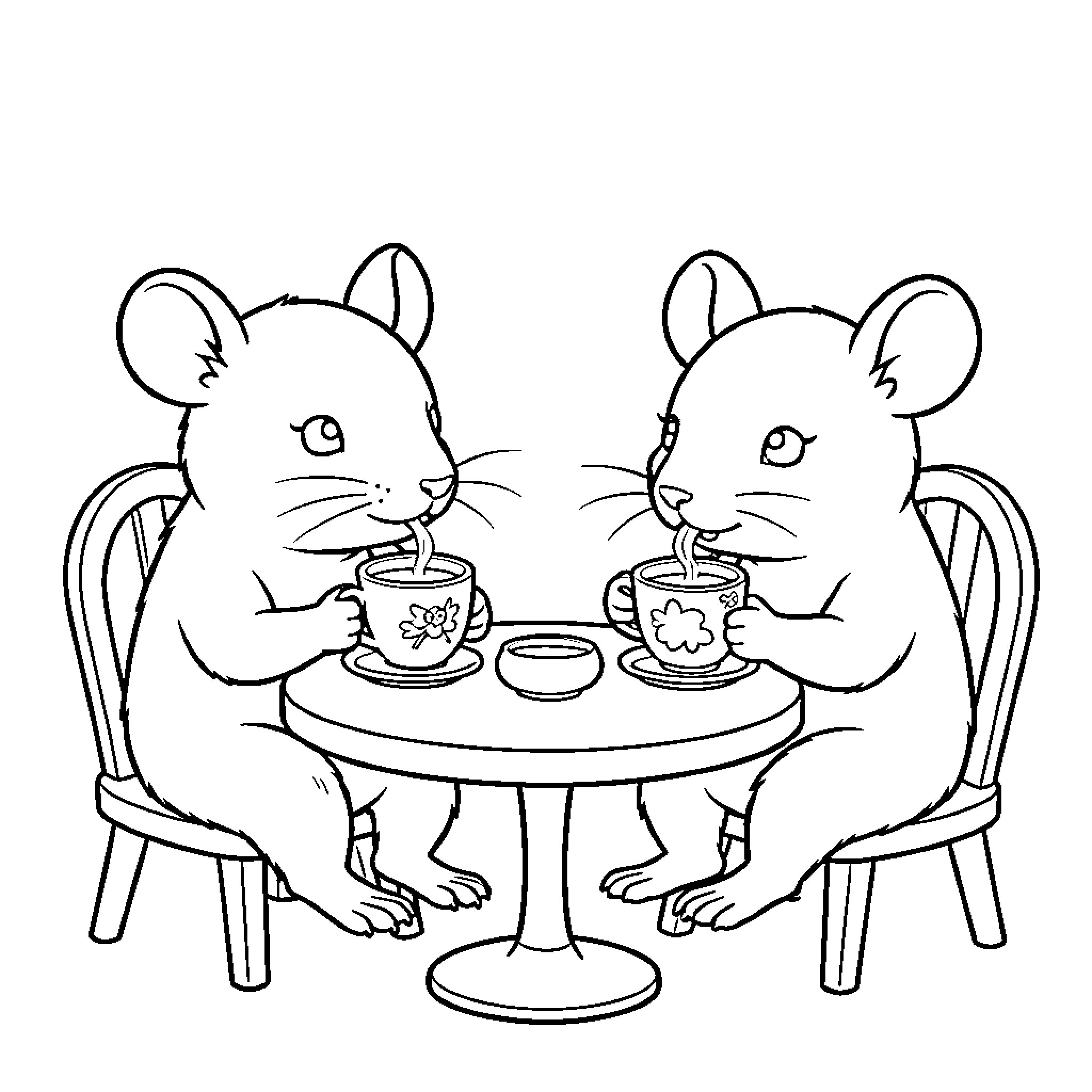 Rat friends enjoying tea time together Coloring Page (free black-and-white line drawing printable PDF for all, from beginners to advanced learners, including children, teens, adults, and seniors)