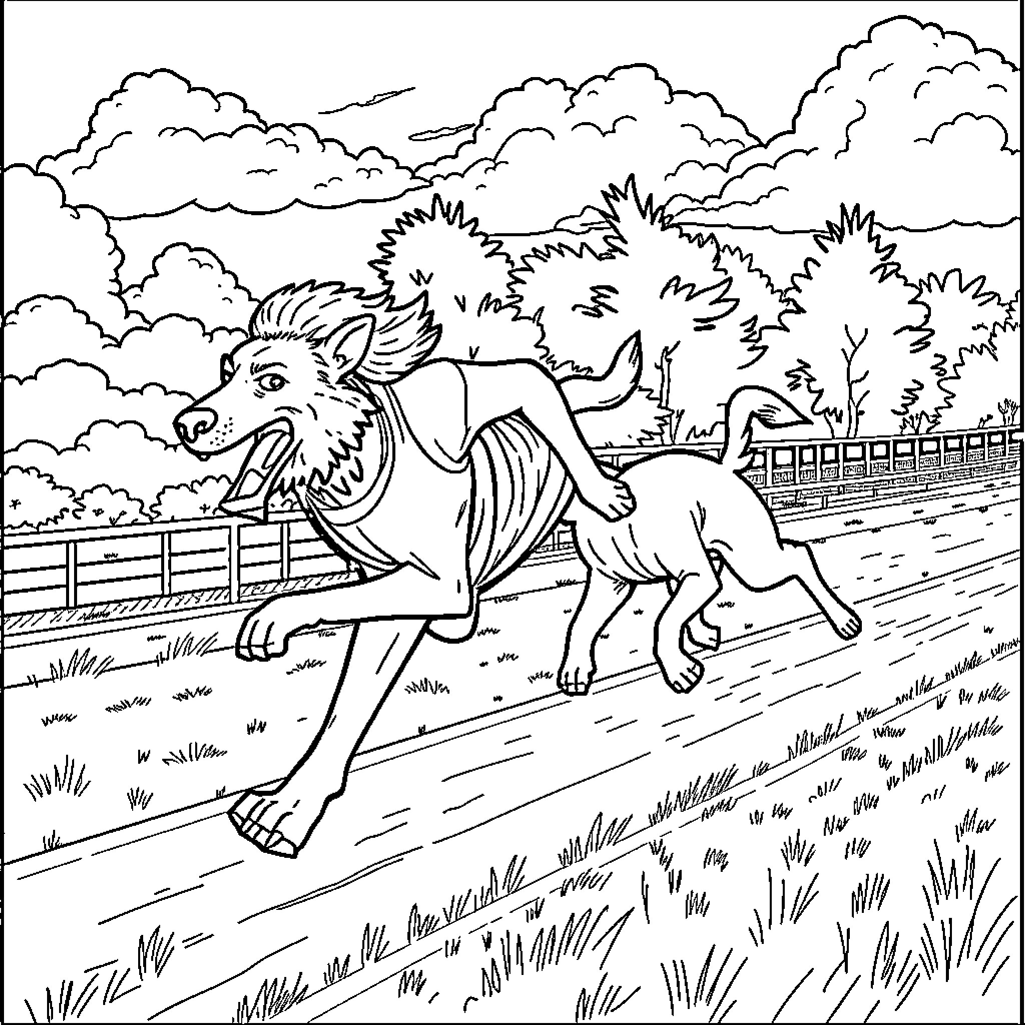 Euripides' Mythical Canine Adventure in the Countryside Coloring Page (free black-and-white line drawing printable PDF for all, from beginners to advanced learners, including children, teens, adults, and seniors)