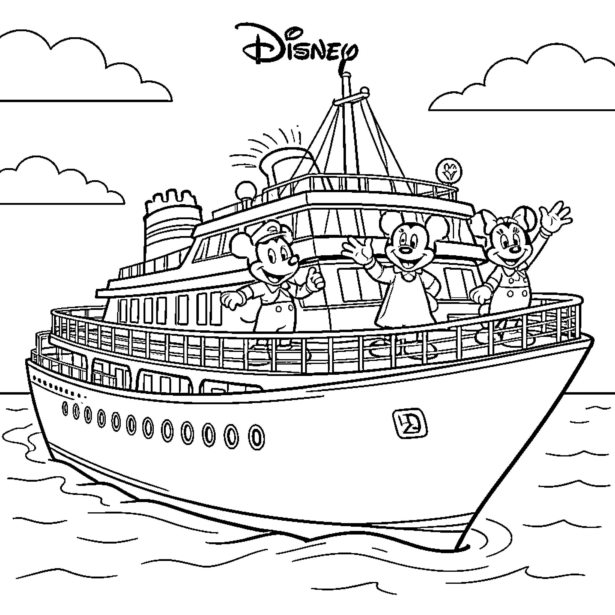 Disney Cruise Ship with Characters on Board Coloring Page (free black-and-white line drawing printable PDF for all, from beginners to advanced learners, including children, teens, adults, and seniors)