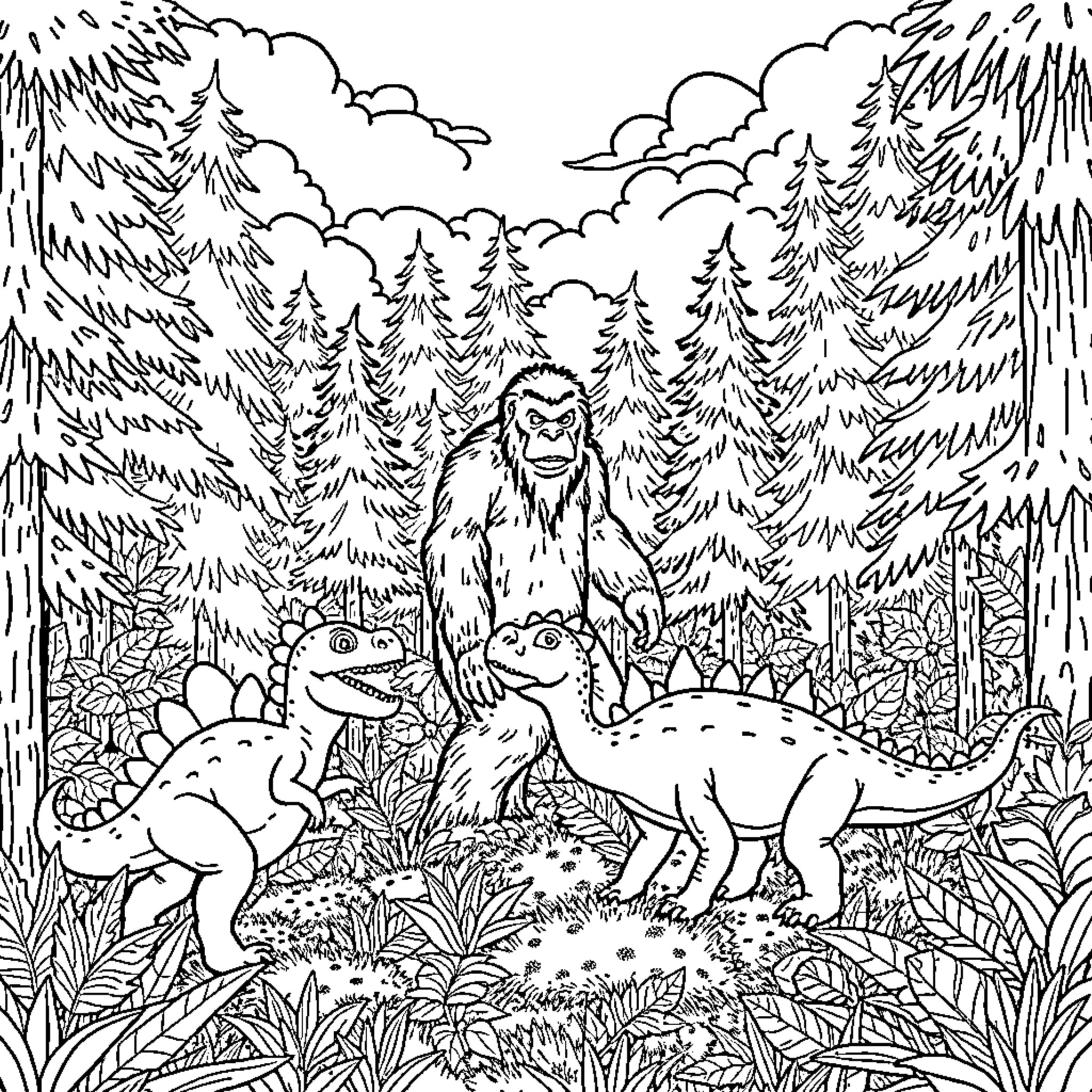 Dinosaur creatures in a dense forest landscape Coloring Page (free black-and-white line drawing printable PDF for all, from beginners to advanced learners, including children, teens, adults, and seniors)