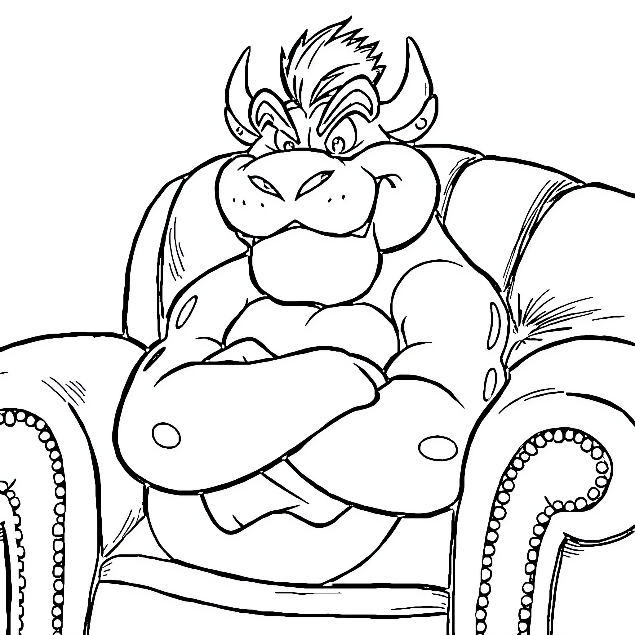 Bowser relaxing on his throne Coloring Page (free black-and-white line drawing printable PDF for all, from beginners to advanced learners, including children, teens, adults, and seniors)