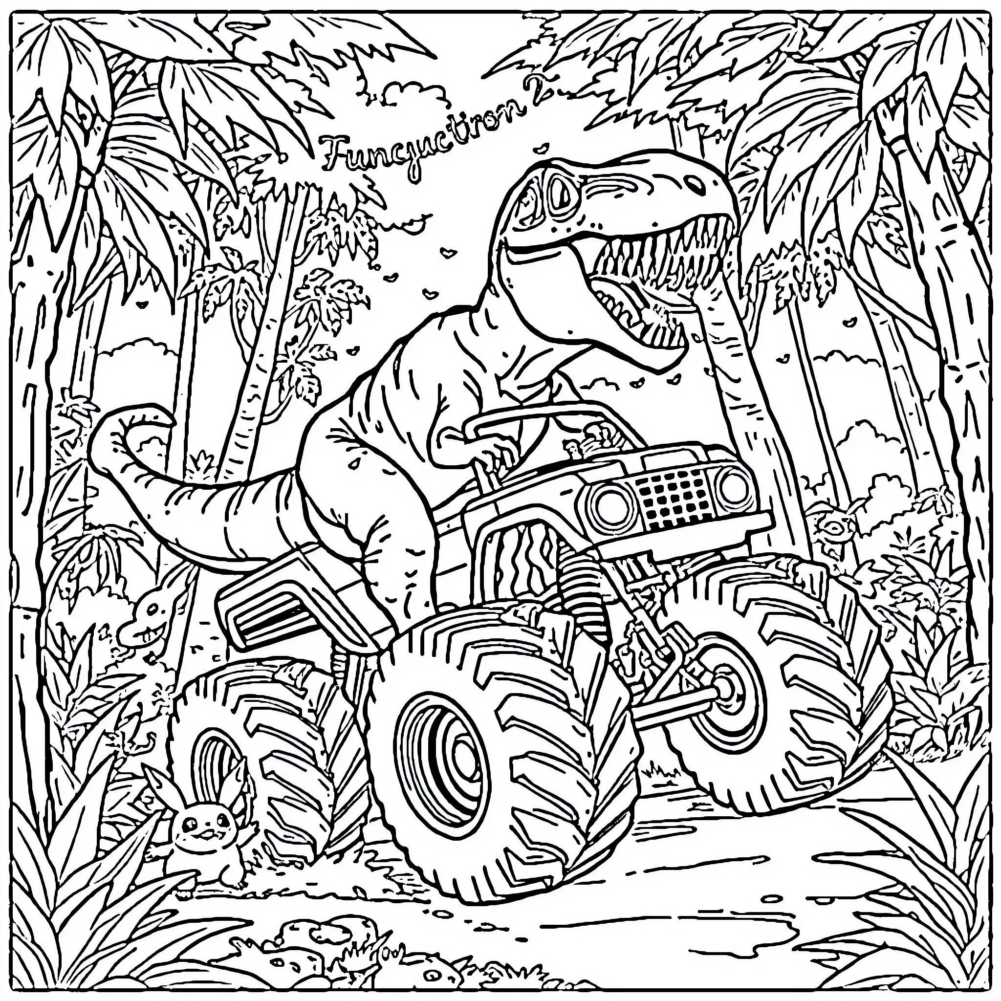 T-Rex rides powerful monster truck through jungle Coloring Page (free black-and-white line drawing printable PDF for all, from beginners to advanced learners, including children, teens, adults, and seniors)