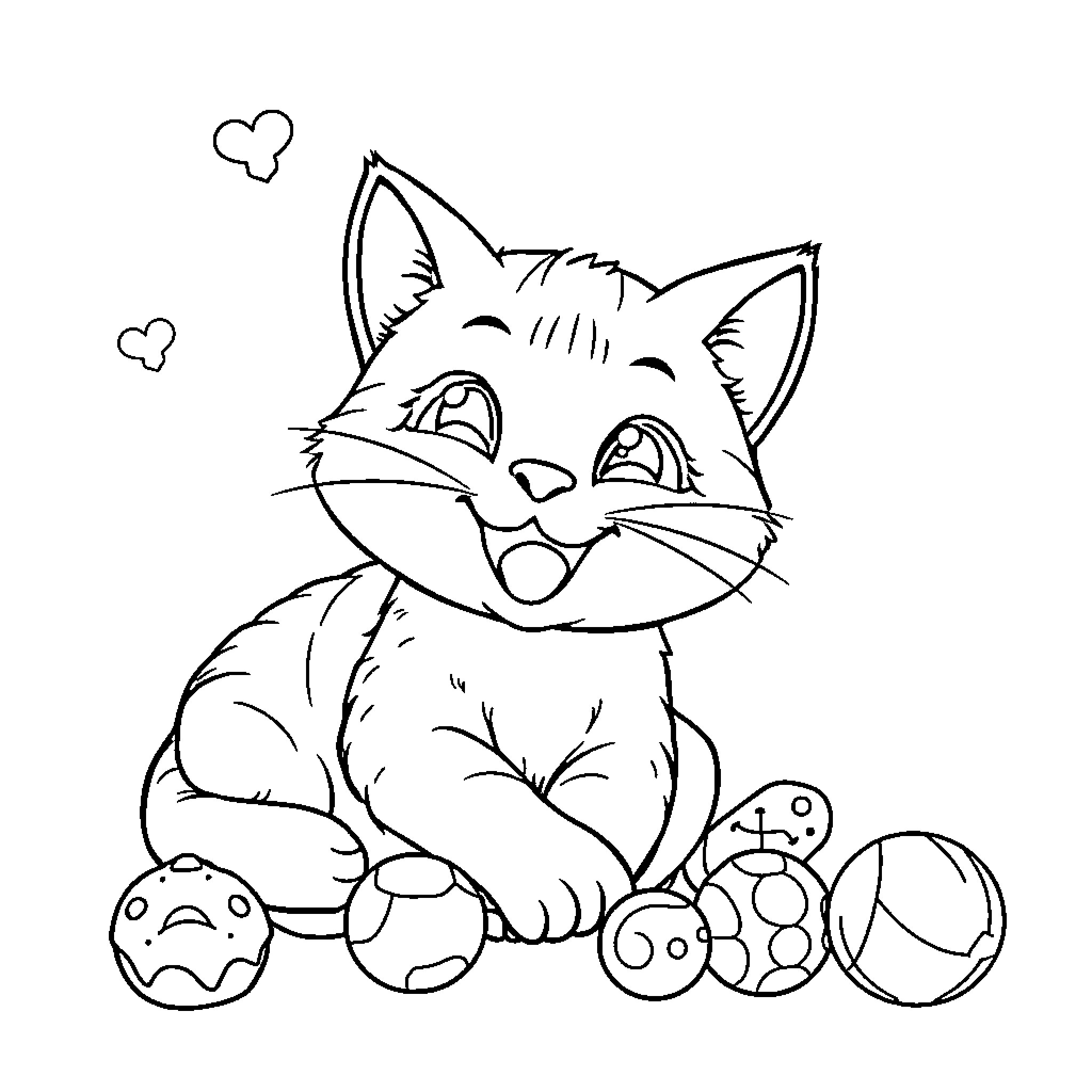 Cat playing with colorful toys Coloring Page (free black-and-white line drawing printable PDF for all, from beginners to advanced learners, including children, teens, adults, and seniors)