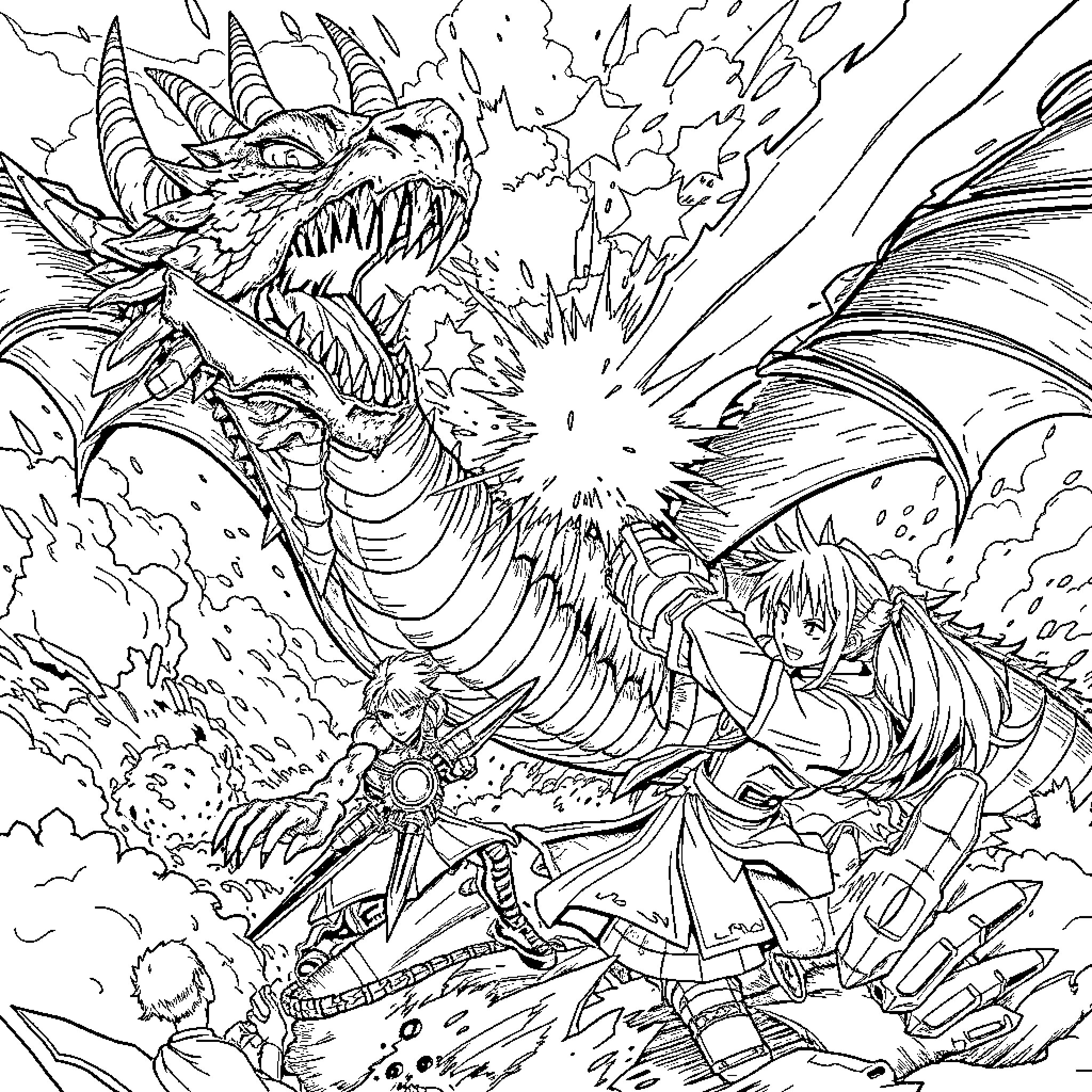 Final Fantasy 7 Hero Battles Fearsome Dragon Coloring Page (free black-and-white line drawing printable PDF for all, from beginners to advanced learners, including children, teens, adults, and seniors)