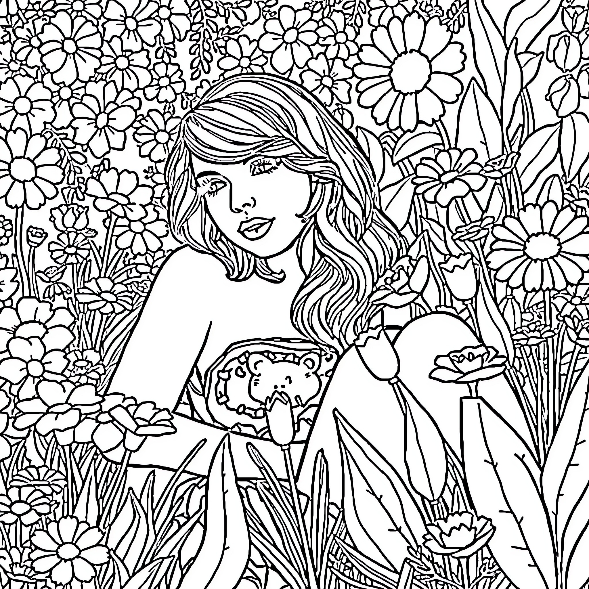 Taylor Swift in a floral garden Coloring Page (free black-and-white line drawing printable PDF for all, from beginners to advanced learners, including children, teens, adults, and seniors)